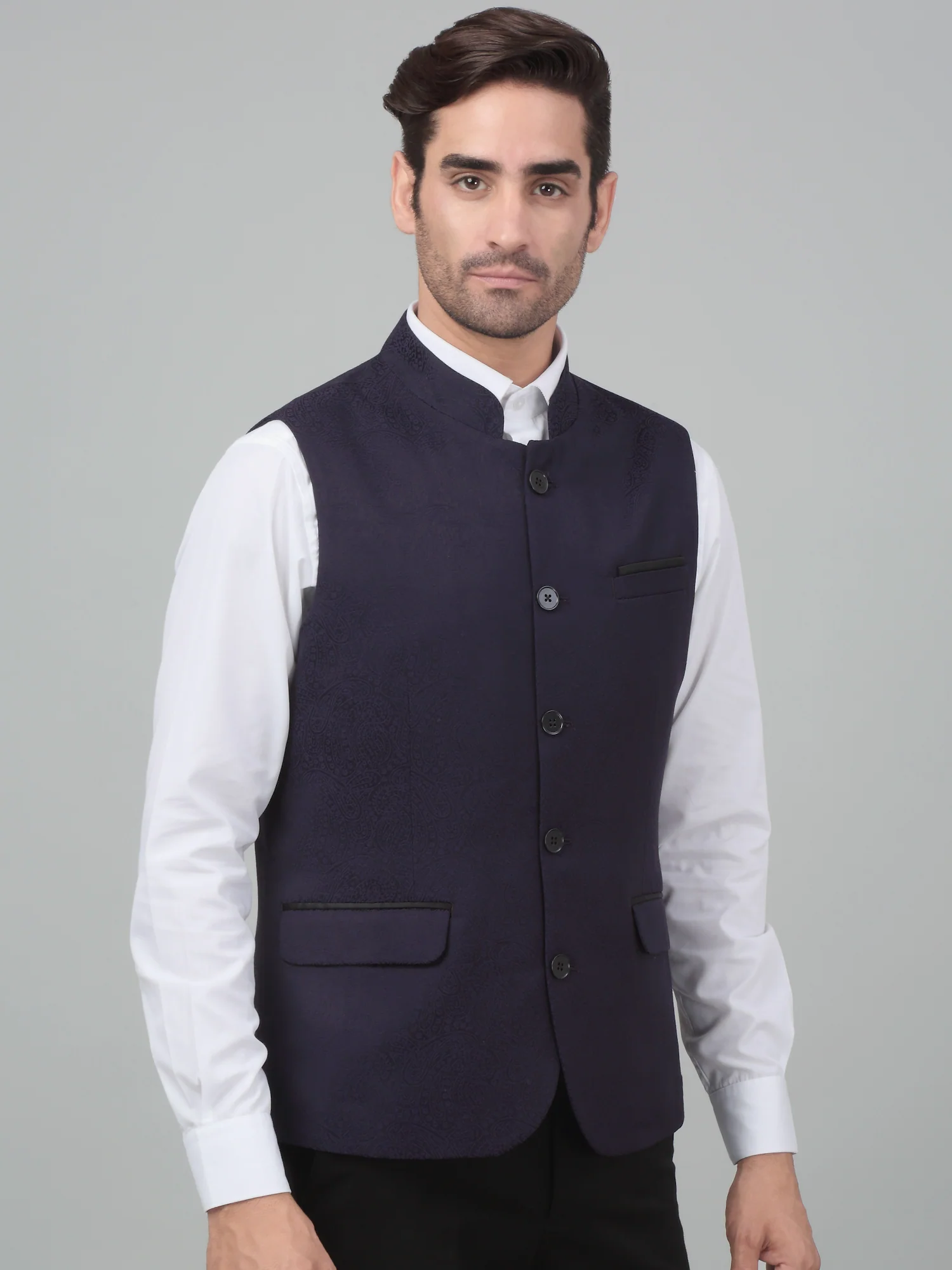 Men's Purple Self Design Party Wear Waistcoat - Image 4