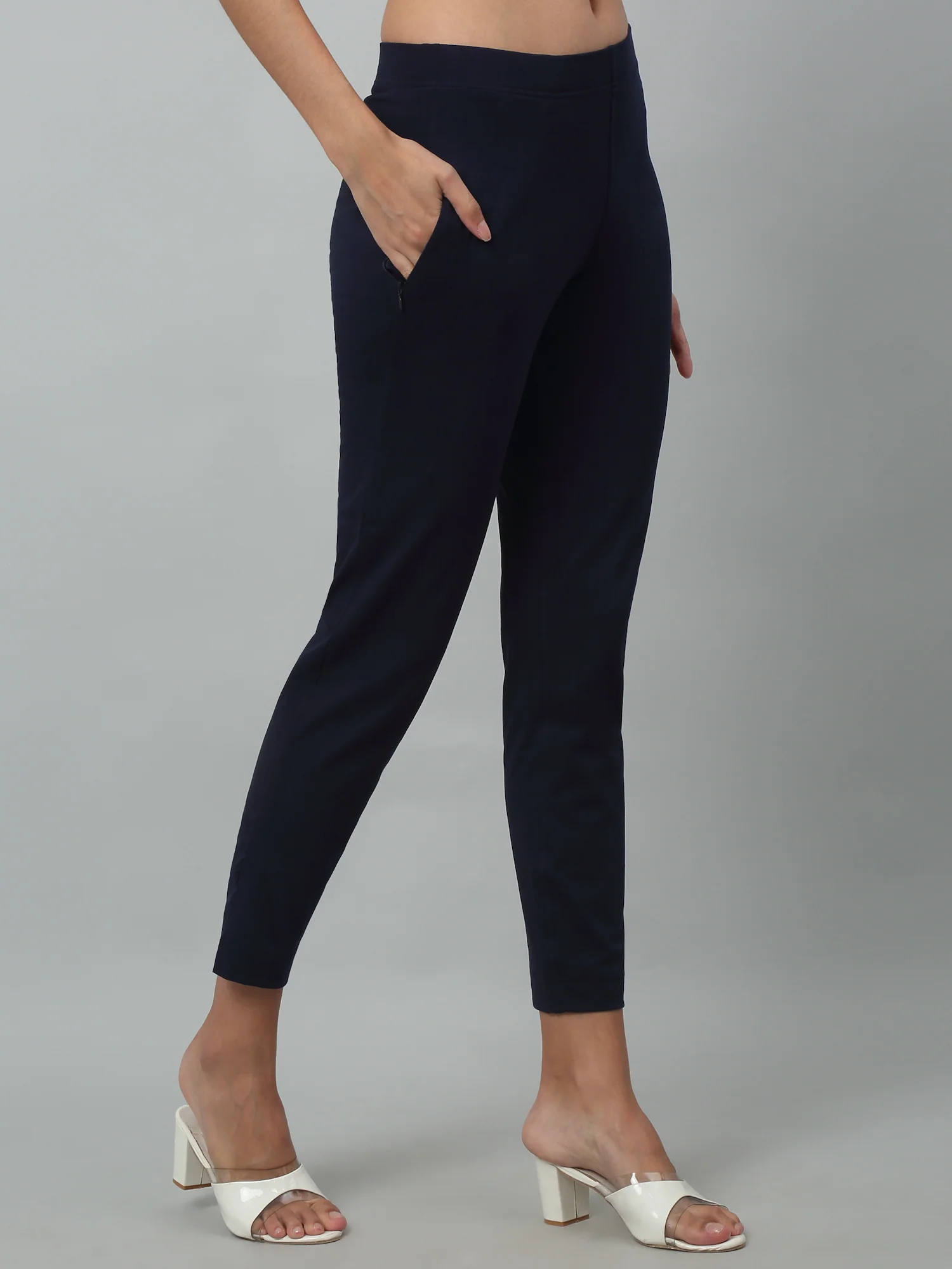 Women's Basic Regular Fit Navy Blue Flat Front Mid rise Kurti Pant - Image 2