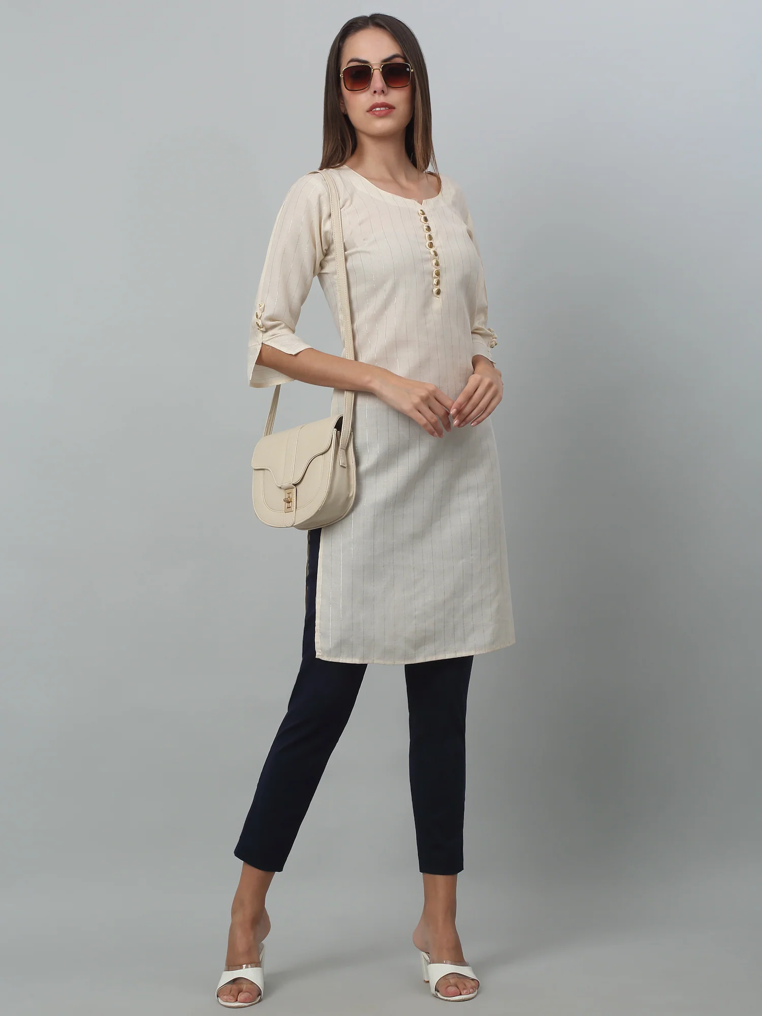 Women's Basic Regular Fit Navy Blue Flat Front Mid rise Kurti Pant - Image 5