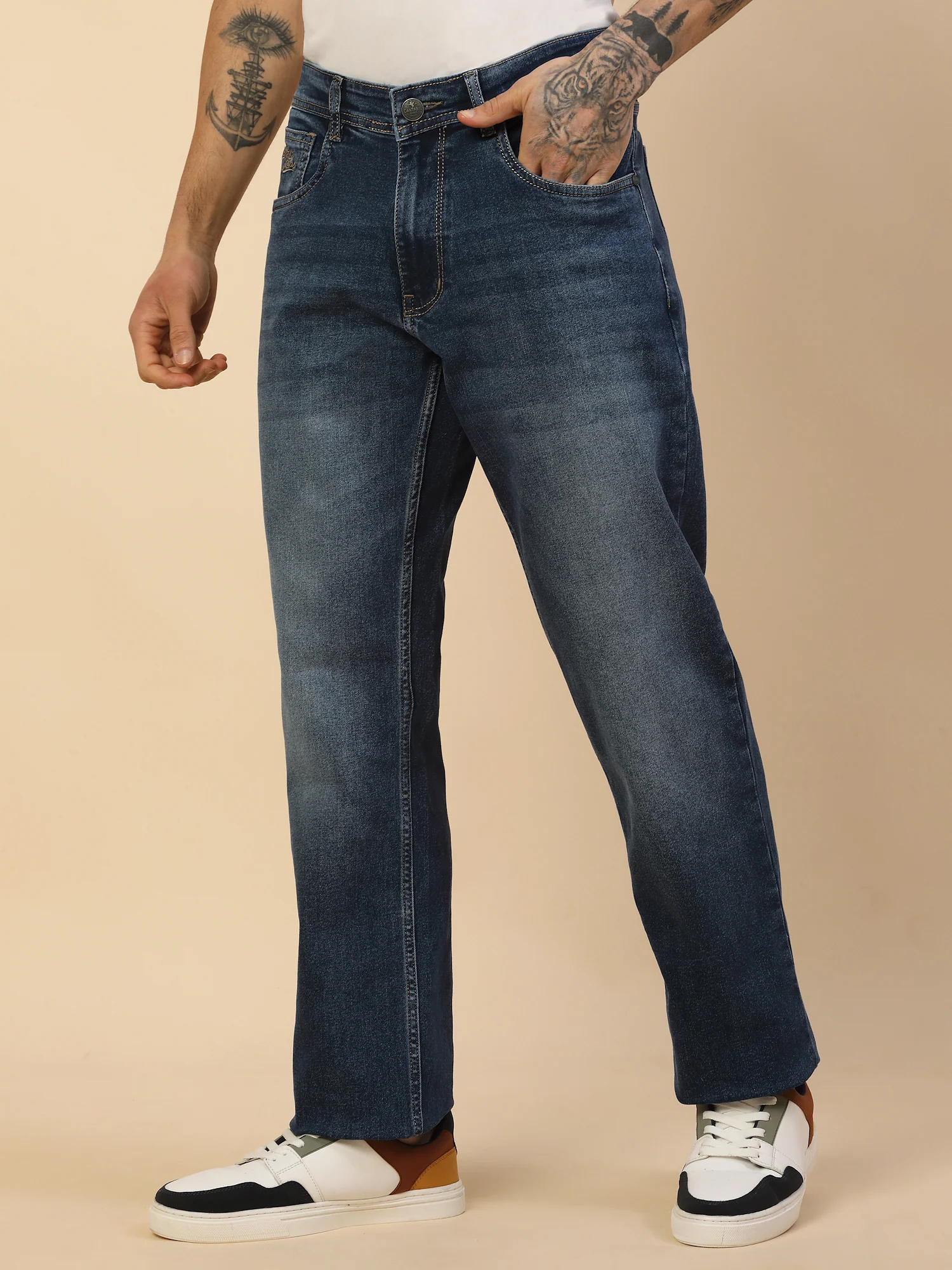 Denim Jeans for Men | Breathable & Soft with Color Fastness Loose Straight Fit Poly Cotton Fabric Solid Pattern Button Closure - Image 3