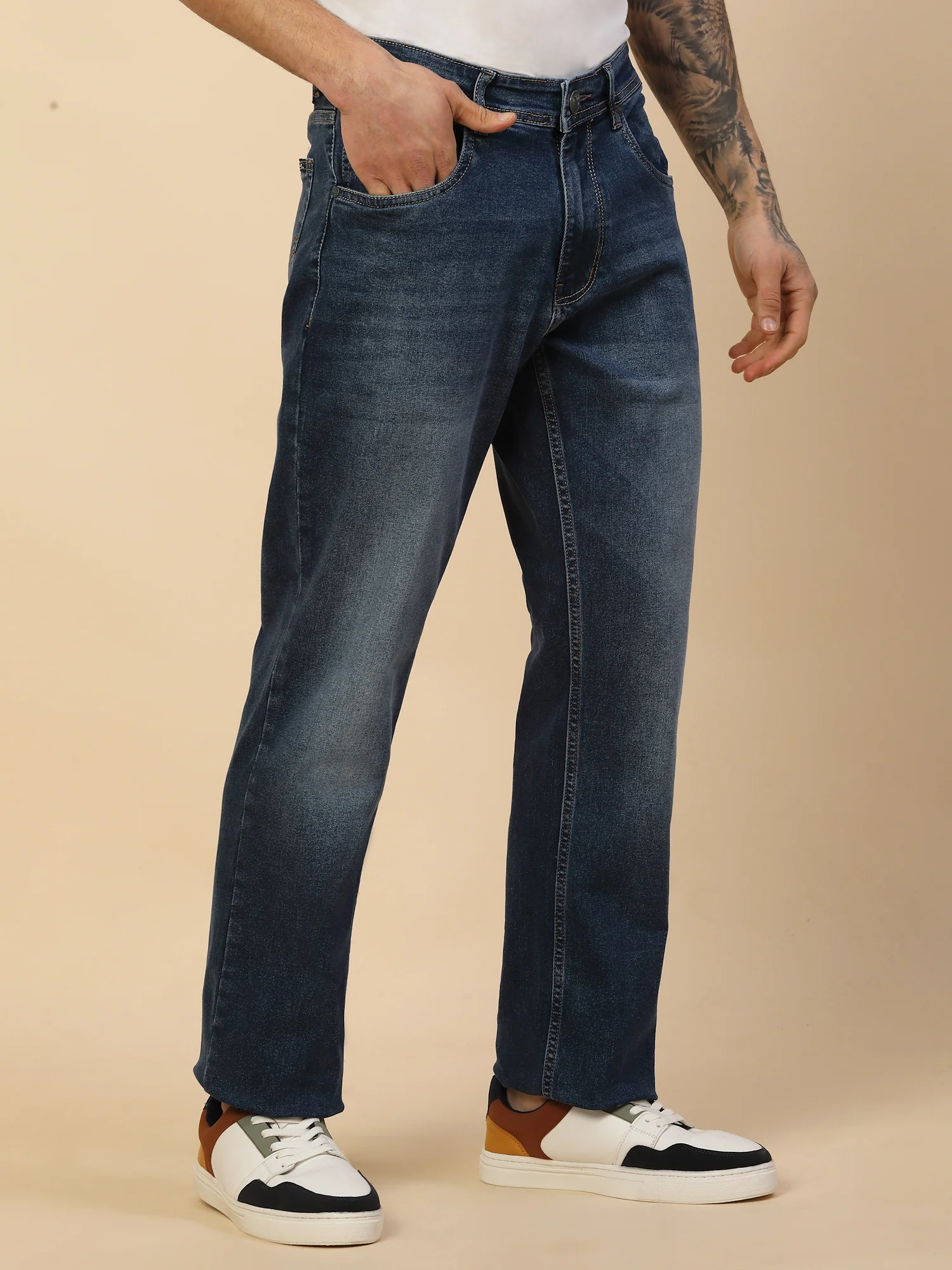 Denim Jeans for Men | Breathable & Soft with Color Fastness Loose Straight Fit Poly Cotton Fabric Solid Pattern Button Closure - Image 4