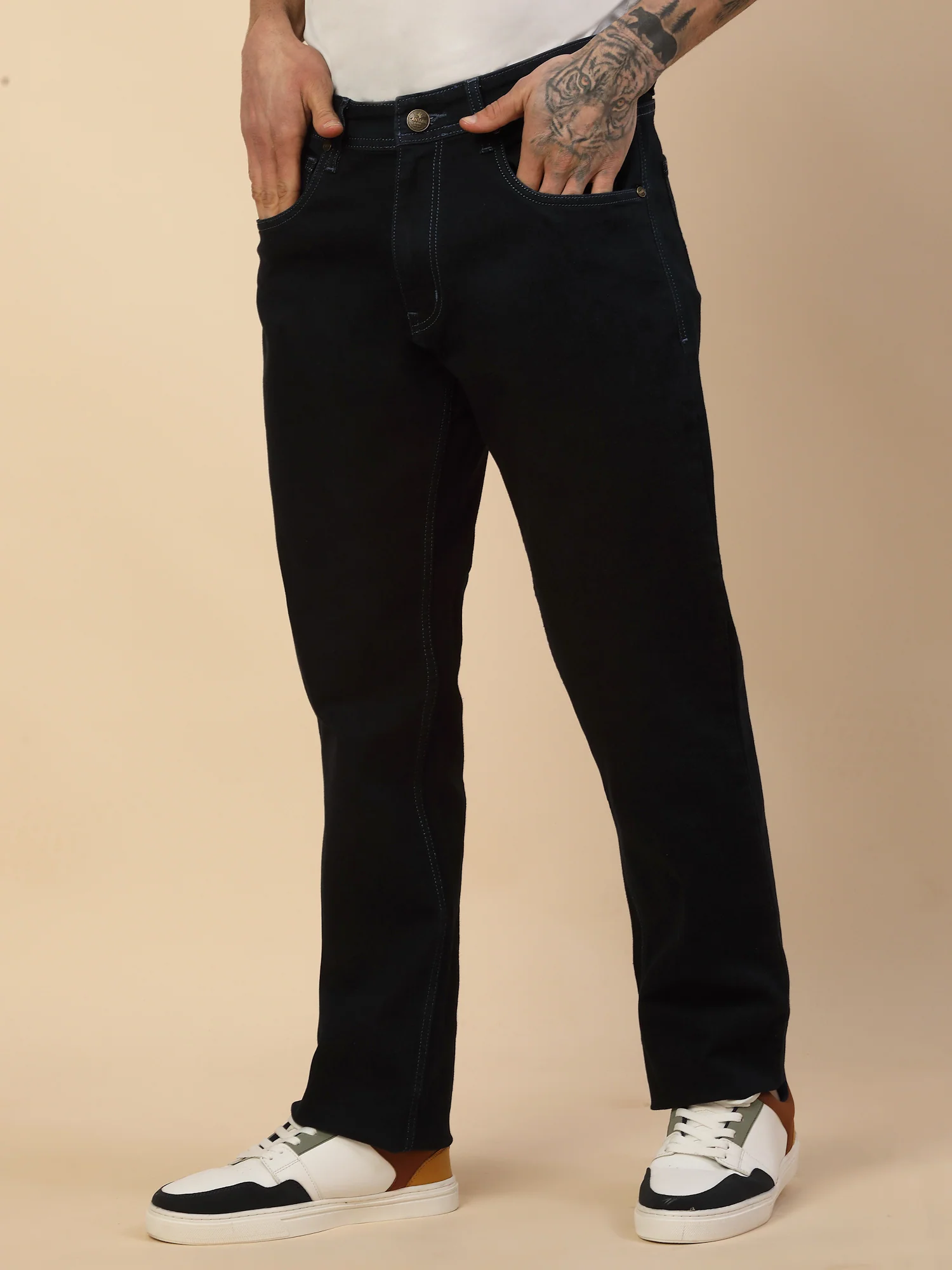 Denim Jeans for Men | Breathable & Soft with Color Fastness Loose Straight Fit Poly Cotton Fabric Solid Pattern Button Closure - Image 4
