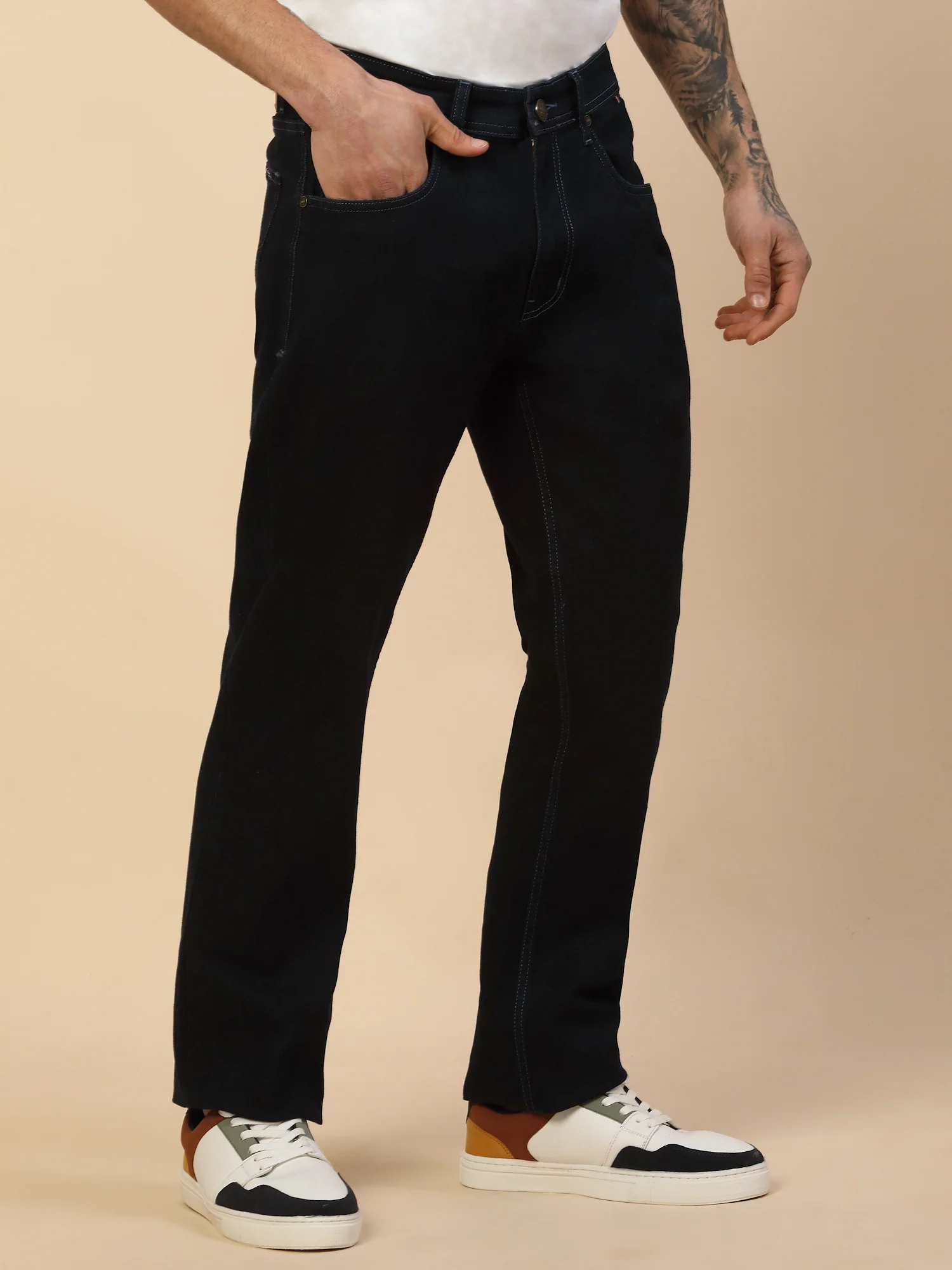 Denim Jeans for Men | Breathable & Soft with Color Fastness Loose Straight Fit Poly Cotton Fabric Solid Pattern Button Closure - Image 5