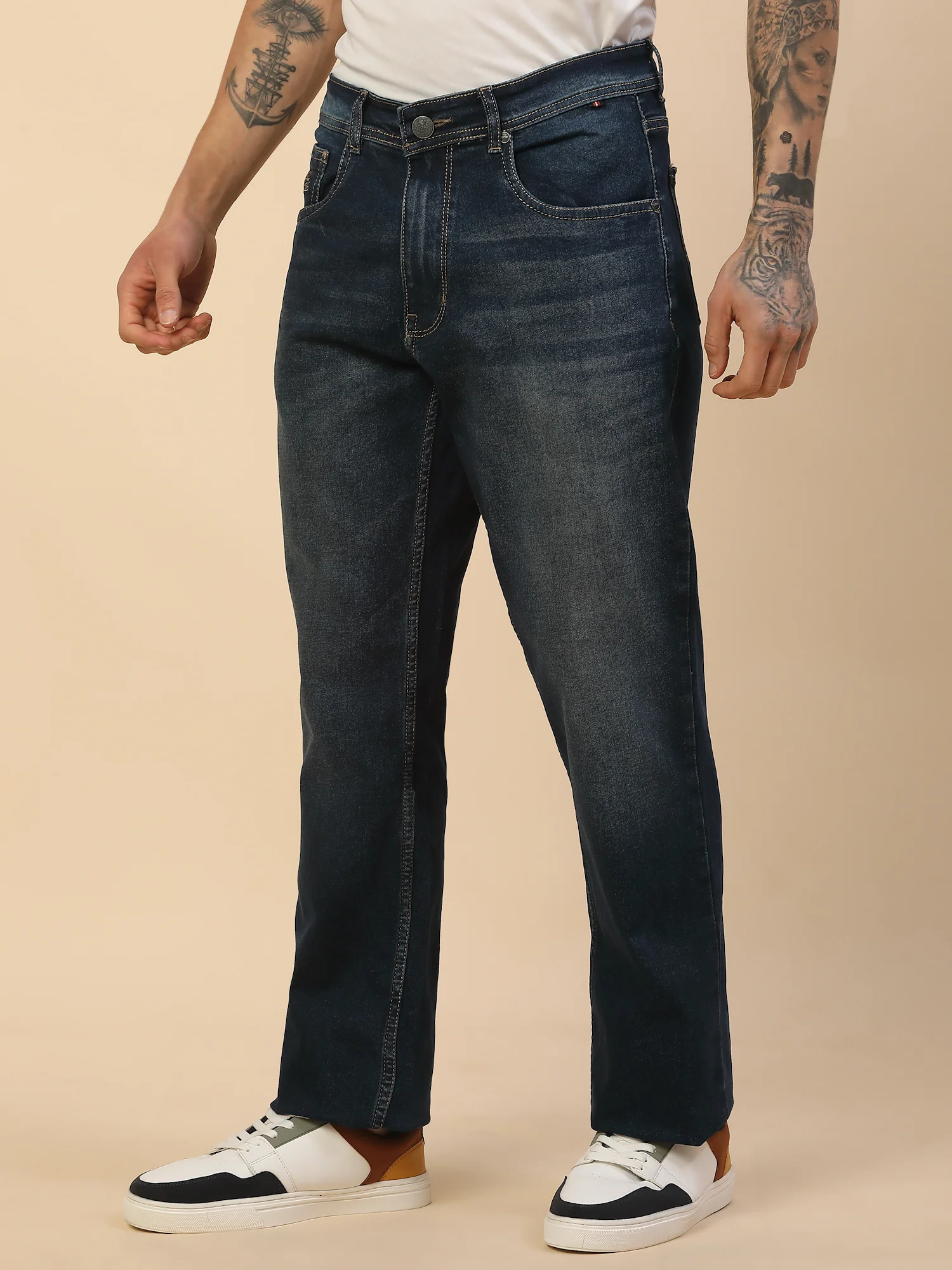 Denim Jeans for Men | Breathable & Soft with Color Fastness Loose Straight Fit Poly Cotton Fabric Solid Pattern Button Closure - Image 3