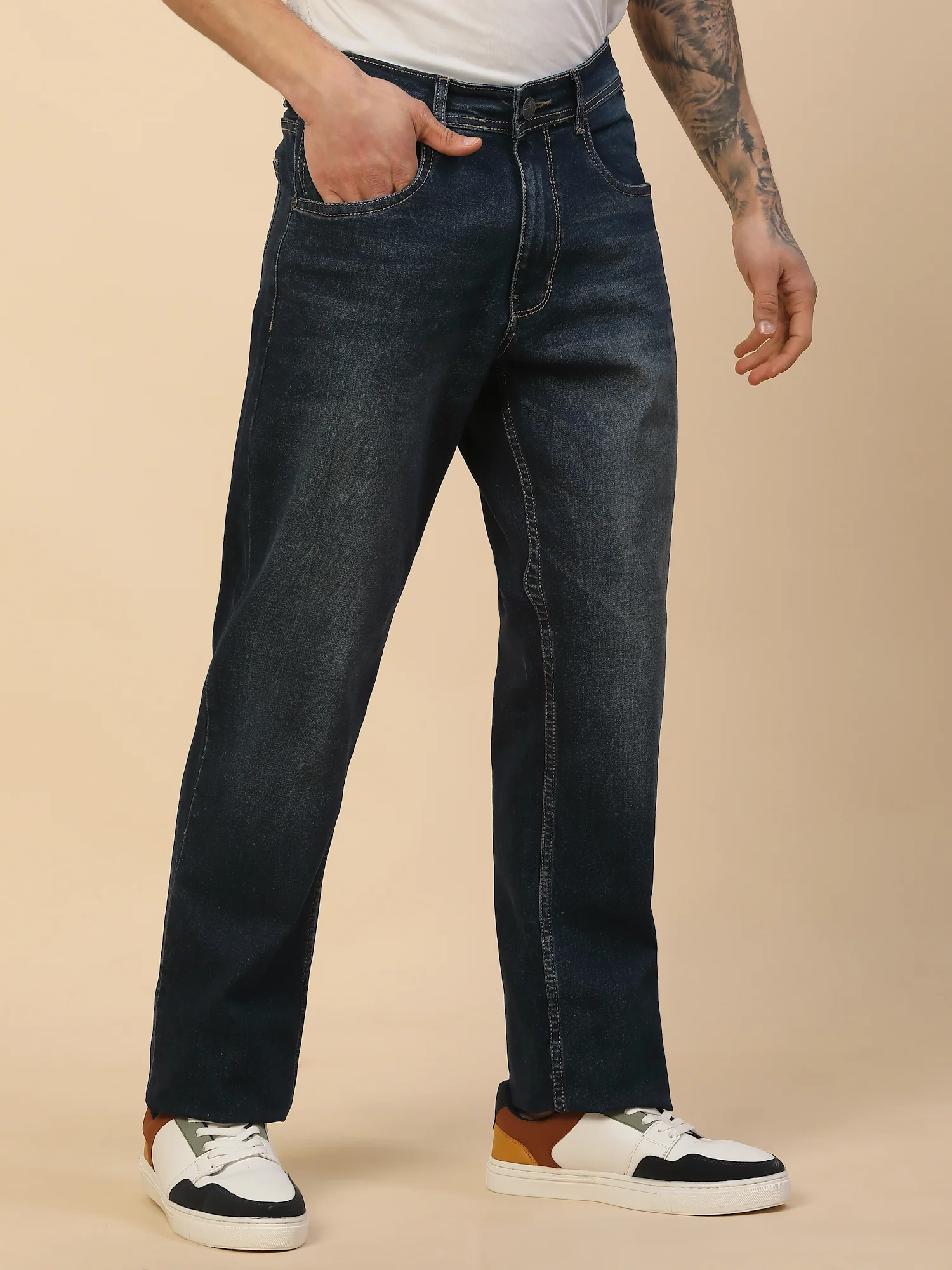 Denim Jeans for Men | Breathable & Soft with Color Fastness Loose Straight Fit Poly Cotton Fabric Solid Pattern Button Closure - Image 4