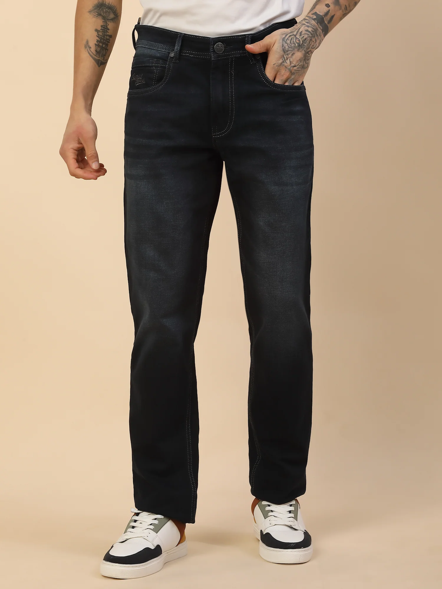 Denim Jeans for Men | Breathable & Soft with Color Fastness Slim Fit Poly Cotton Fabric Solid Pattern Button Closure - Image 3