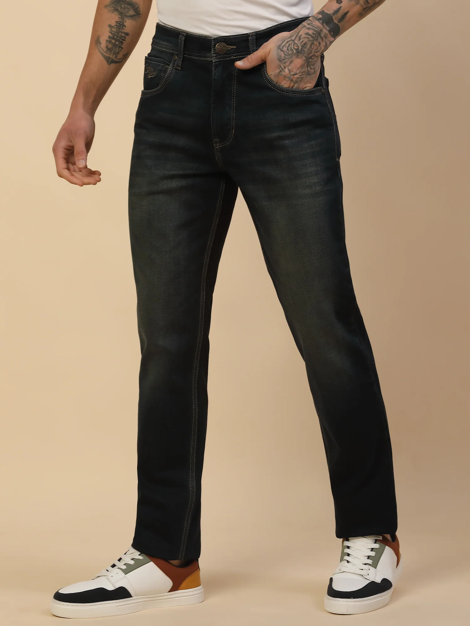 Denim Jeans for Men | Breathable & Soft with Color Fastness Slim Fit Poly Cotton Fabric Solid Pattern Button Closure - Image 6