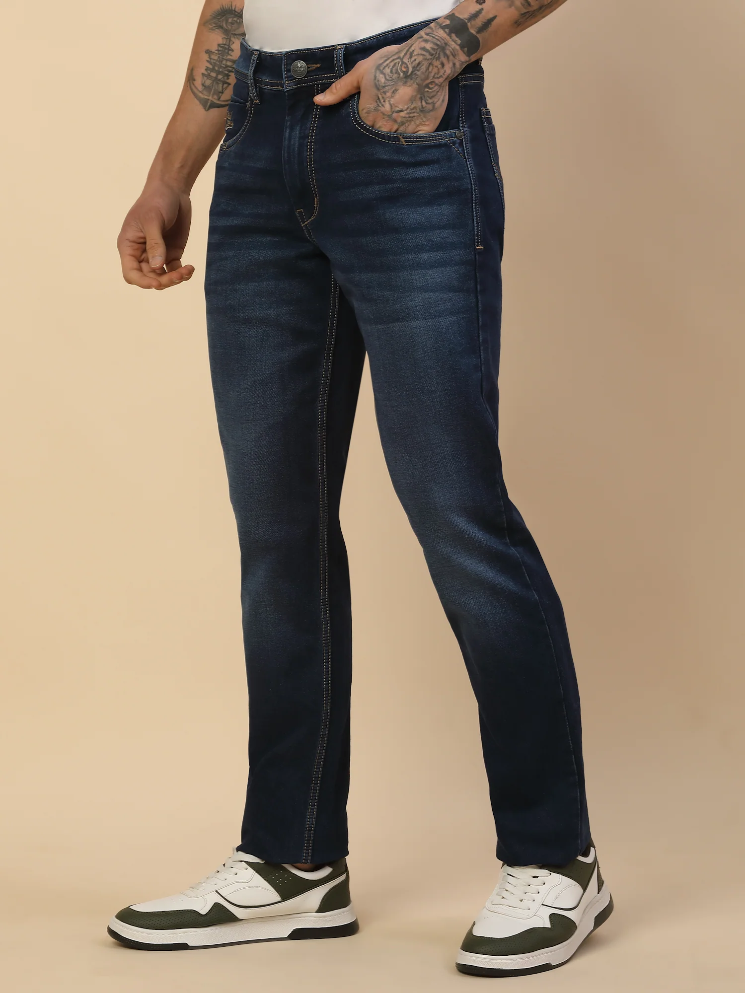 Denim Jeans for Men | Breathable & Soft with Color Fastness Slim Fit Poly Cotton Fabric Solid Pattern Button Closure - Image 4