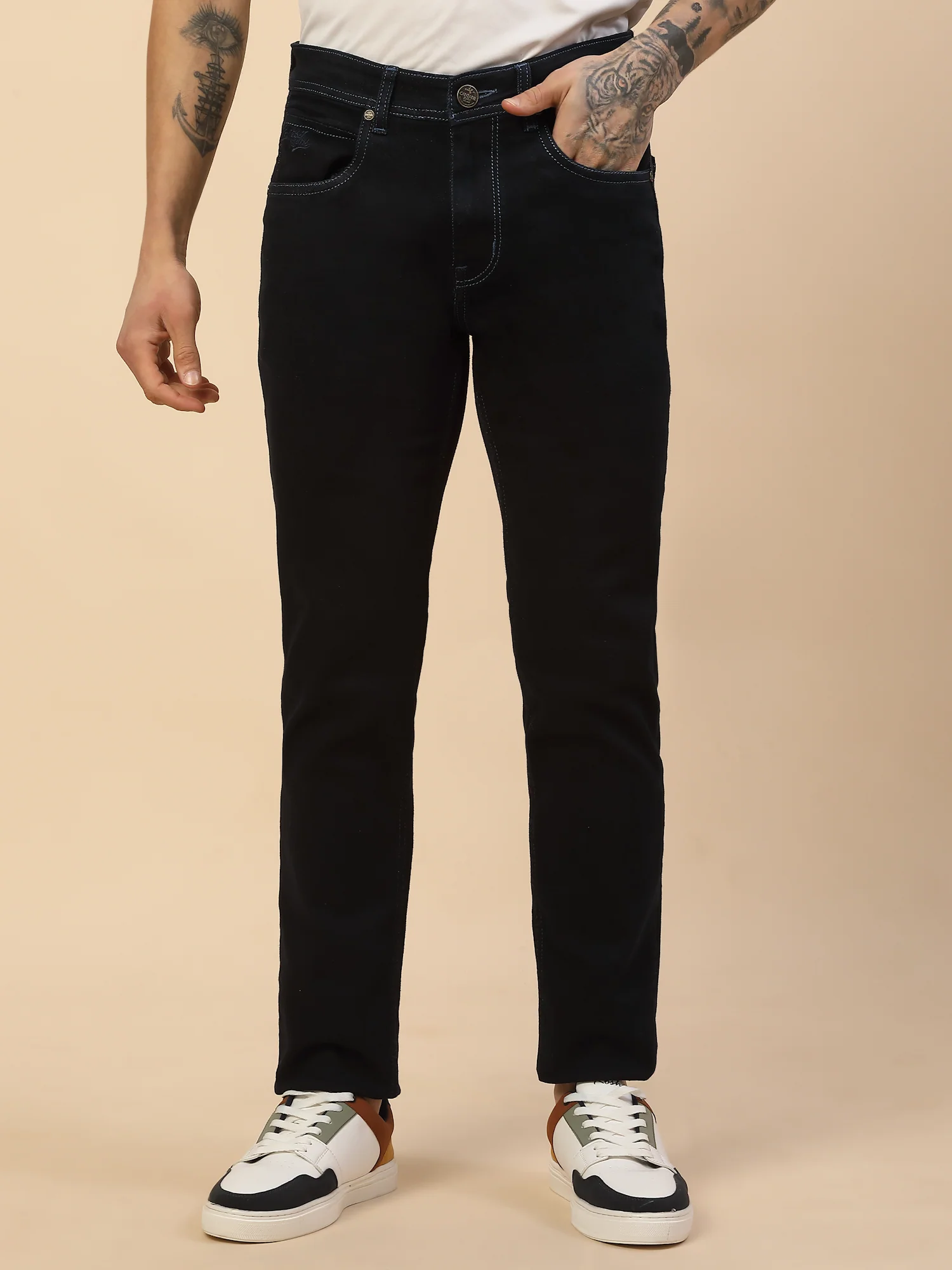 Denim Jeans for Men | Breathable & Soft with Color Fastness Slim Fit Poly Cotton Fabric Solid Pattern Button Closure - Image 2
