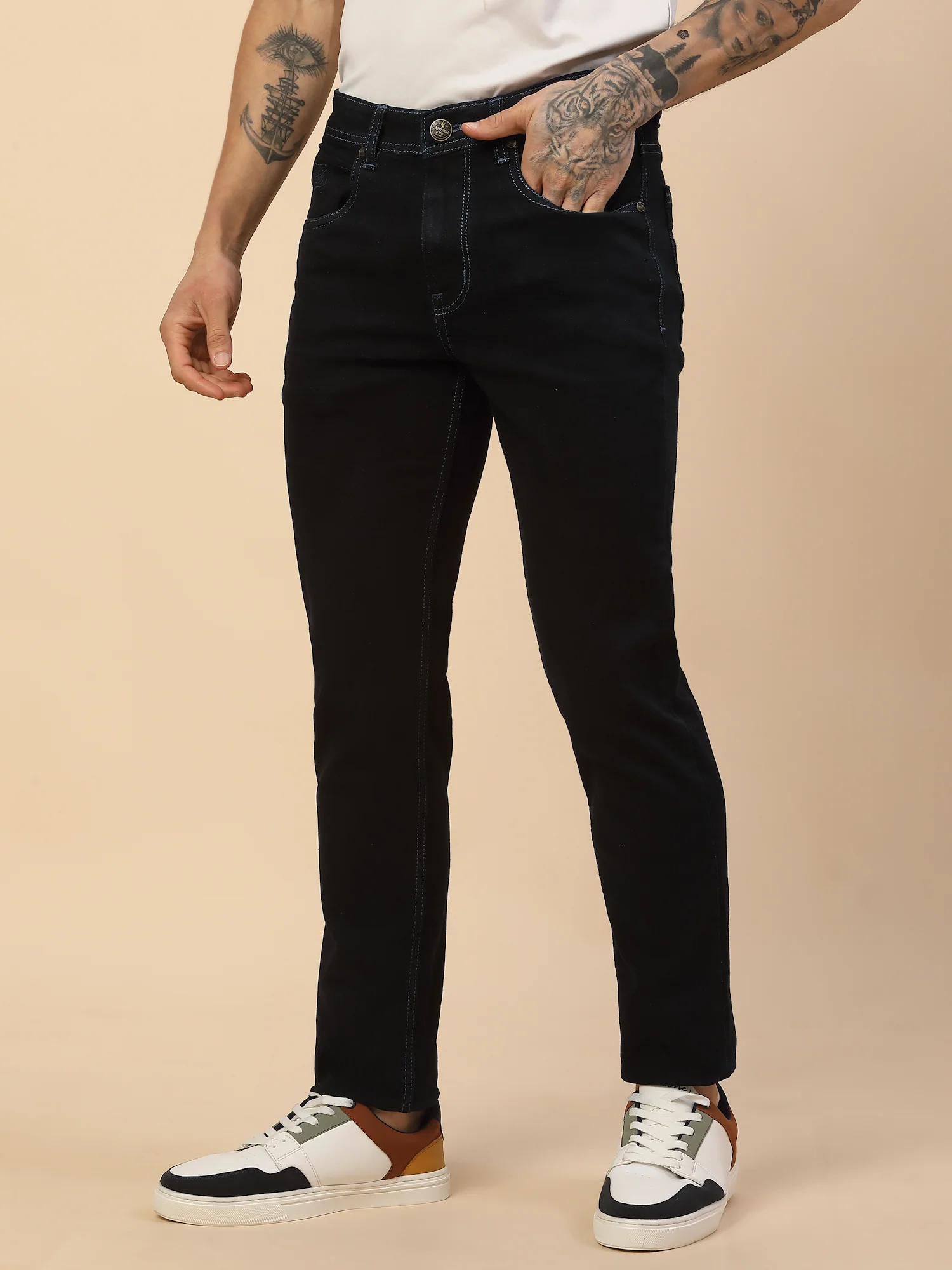 Denim Jeans for Men | Breathable & Soft with Color Fastness Slim Fit Poly Cotton Fabric Solid Pattern Button Closure - Image 3