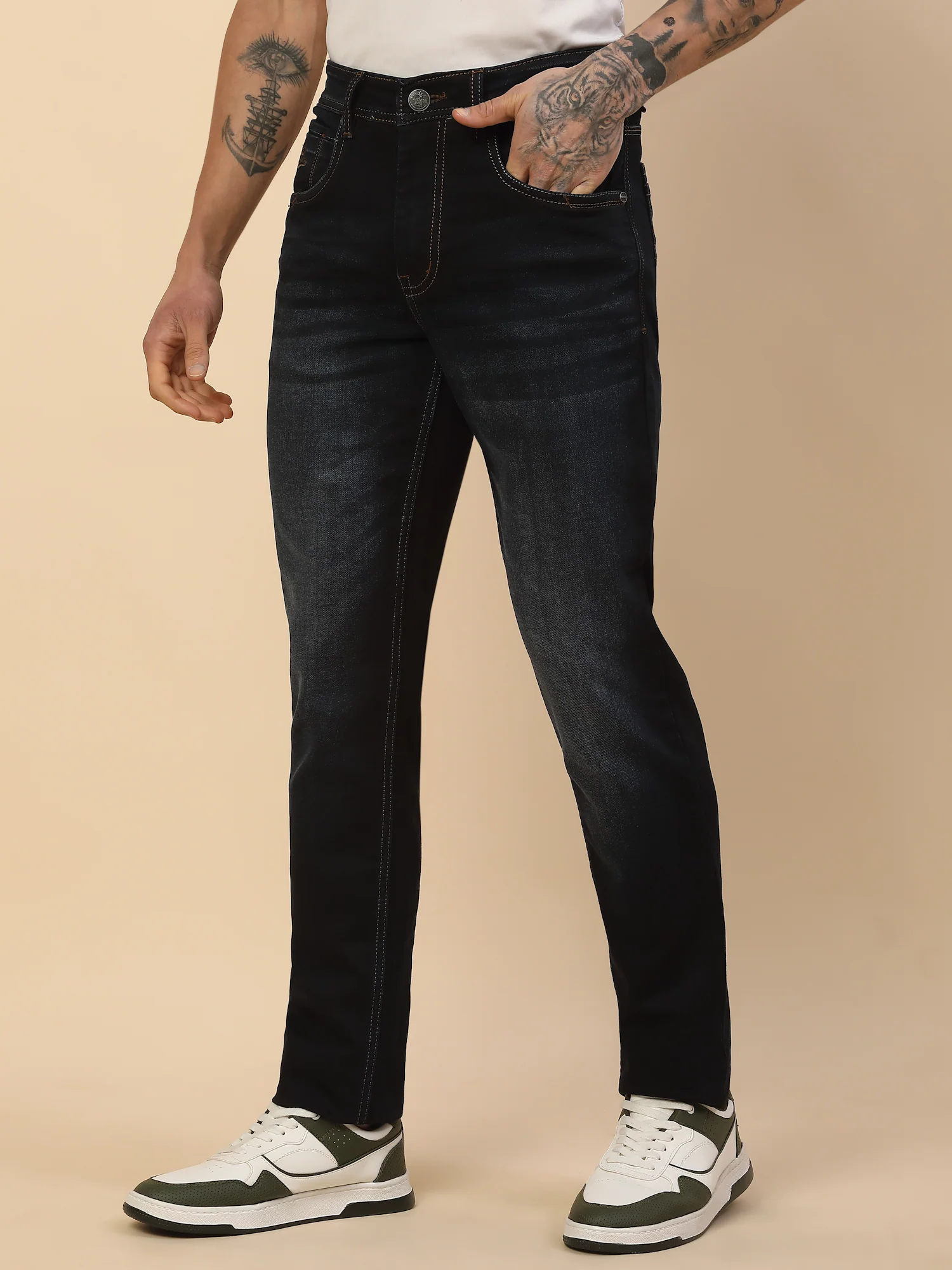 Denim Jeans for Men | Breathable & Soft with Color Fastness Slim Fit Poly Cotton Fabric Solid Pattern Button Closure - Image 4