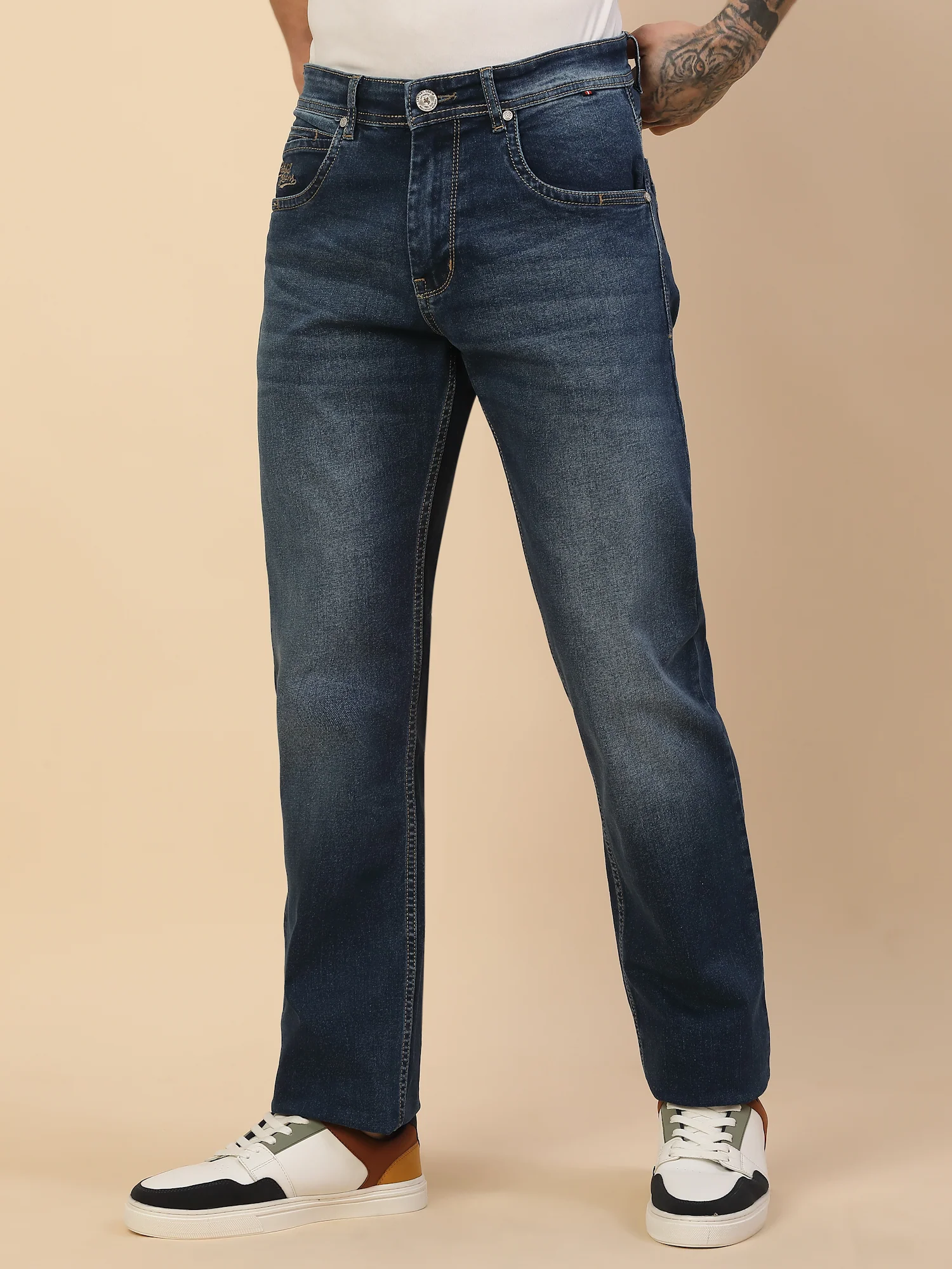 Denim Jeans for Men | Breathable & Soft with Color Fastness Straight Fit Poly Cotton Fabric Solid Pattern Button Closure - Image 3