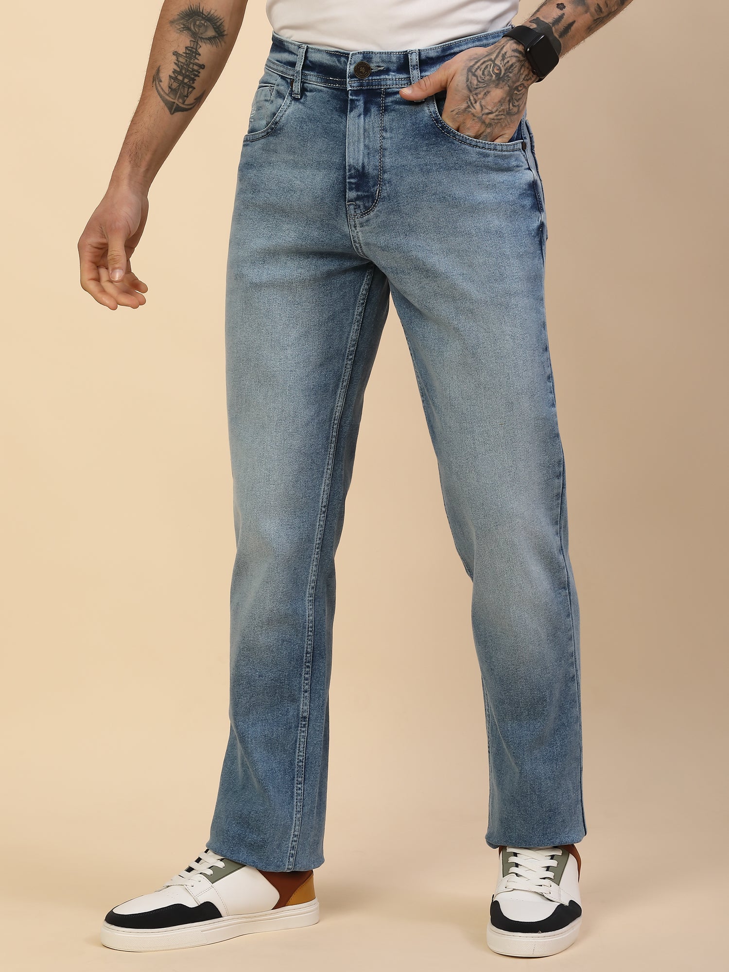 Denim Jeans for Men | Breathable & Soft with Color Fastness Straight Fit Poly Cotton Fabric Solid Pattern Button Closure - Image 3