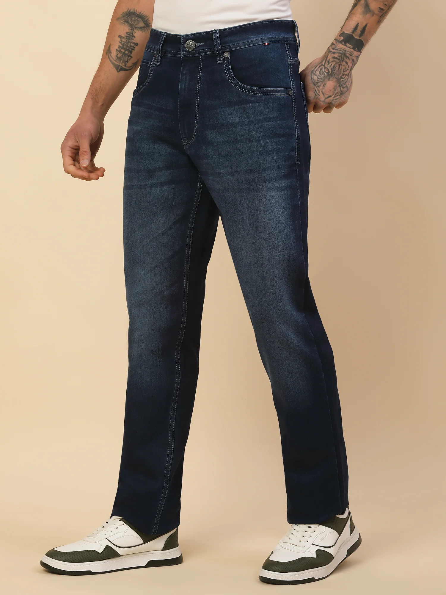 Denim Jeans for Men | Breathable & Soft with Color Fastness Straight Fit Poly Cotton Fabric Solid Pattern Button Closure - Image 4