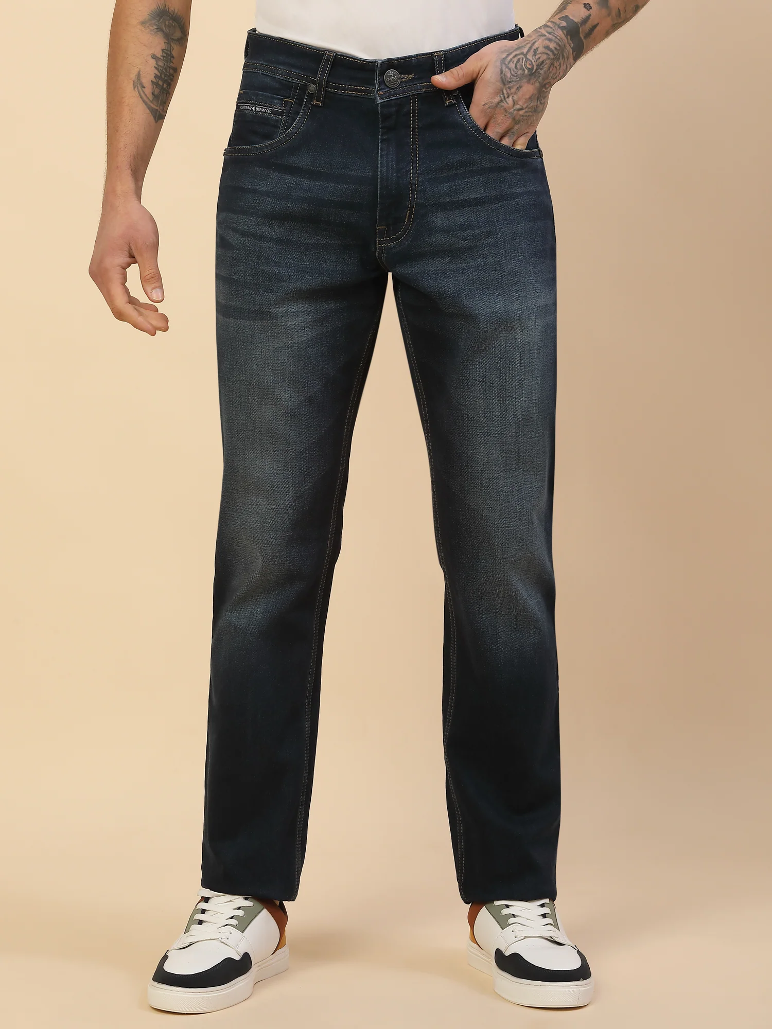 Denim Jeans for Men | Breathable & Soft with Color Fastness Straight Fit Poly Cotton Fabric Solid Pattern Button Closure - Image 4