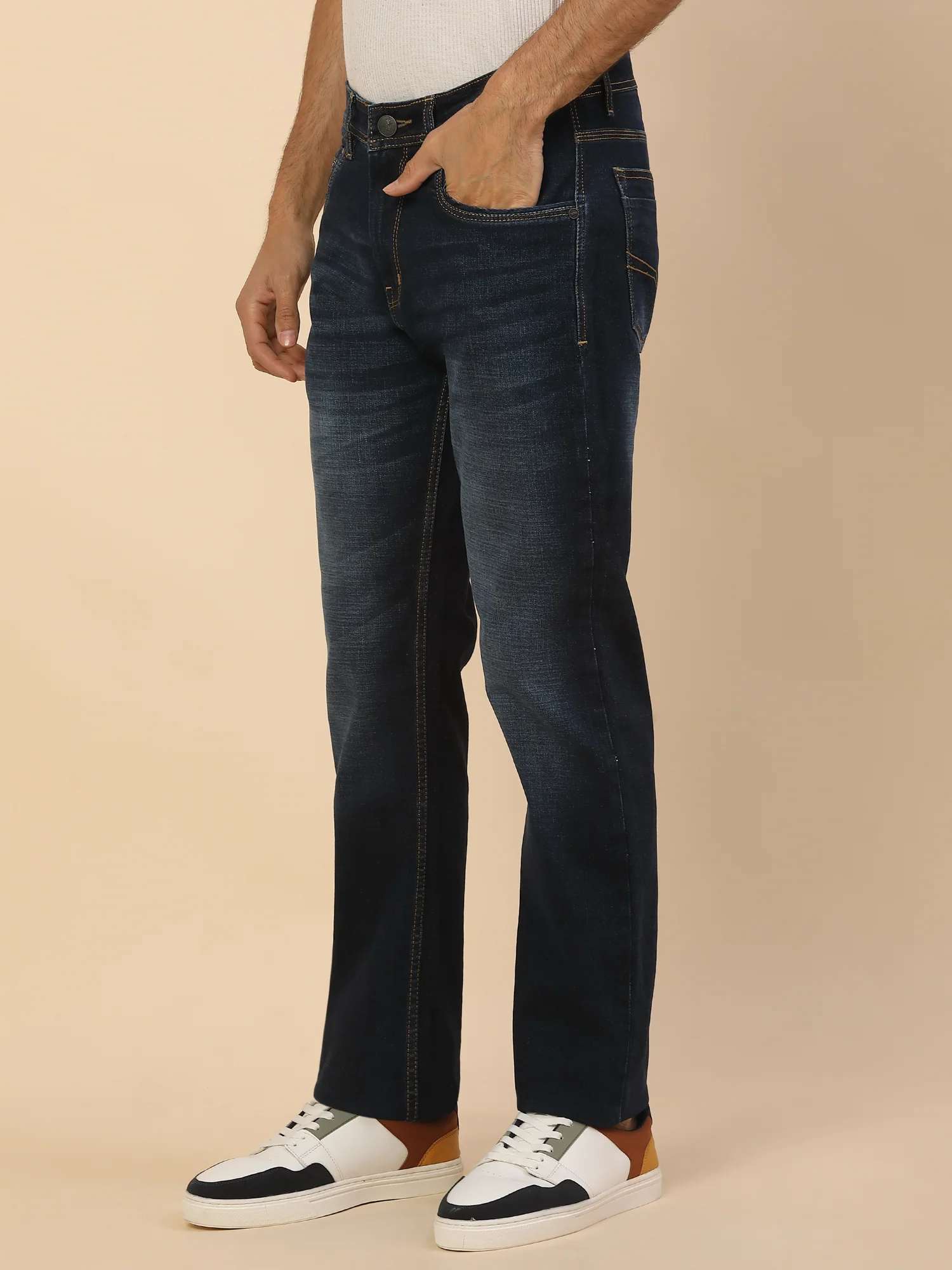 Denim Jeans for Men | Breathable & Soft with Color Fastness Straight Fit Poly Cotton Fabric Solid Pattern Button Closure - Image 4