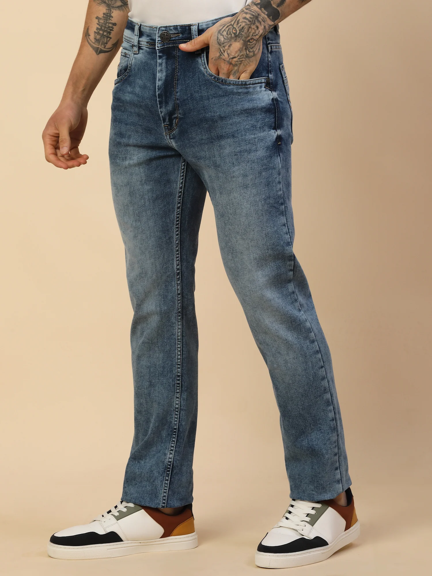 Denim Jeans for Men | Breathable & Soft with Color Fastness Straight Fit Poly Cotton Fabric Solid Pattern Button Closure - Image 4