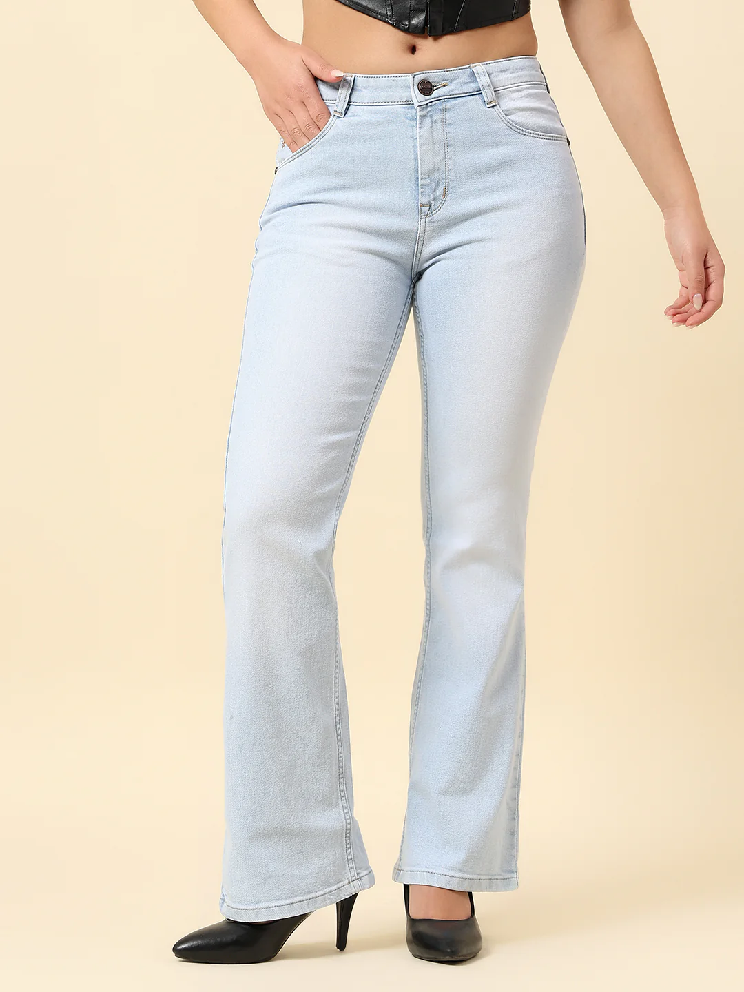 Denim Jeans for Women | Breathable & Soft with Color Fastness Boot Cut Cotton Blend Fabric Solid Pattern Button Closure - Image 3