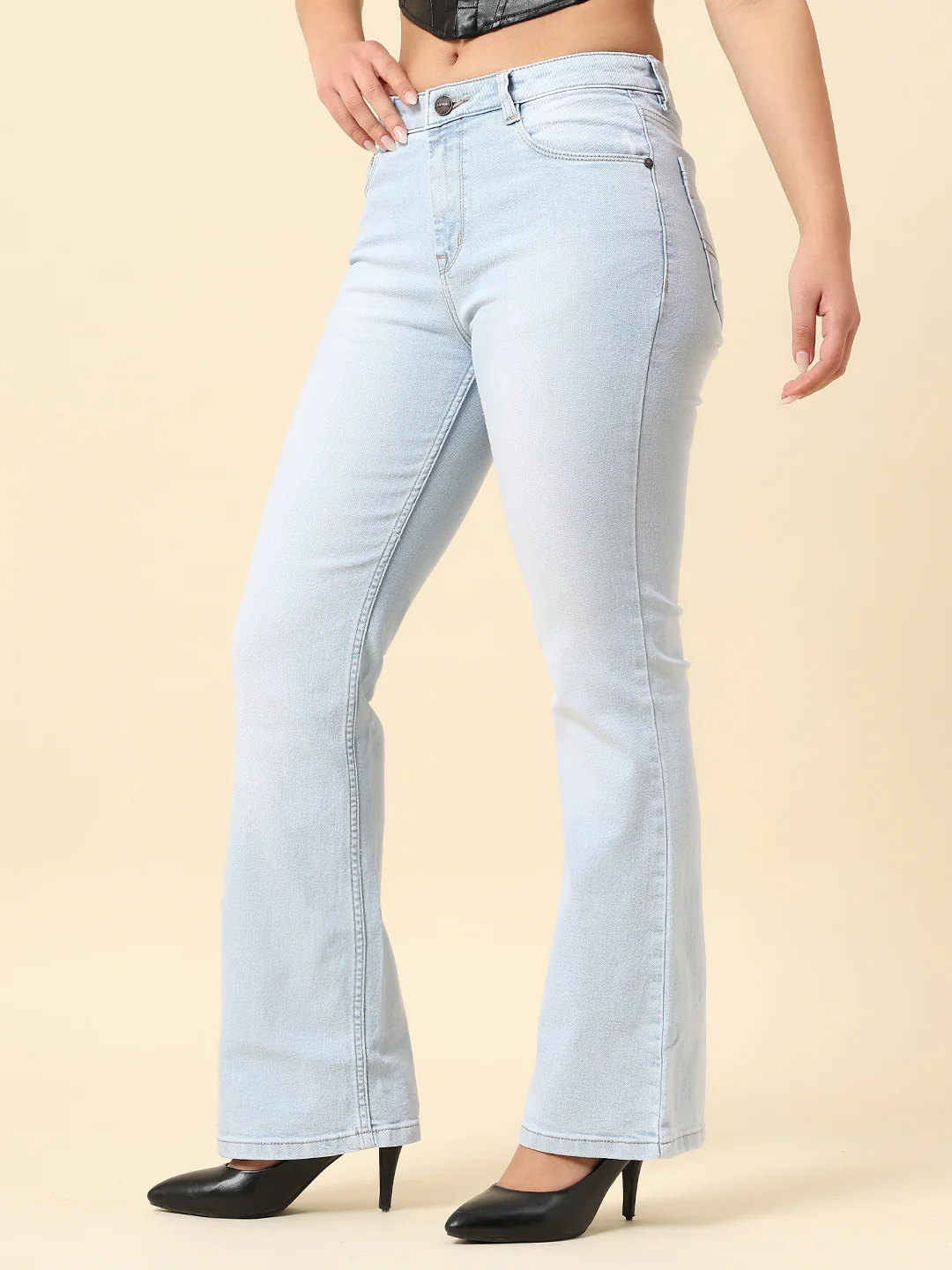 Denim Jeans for Women | Breathable & Soft with Color Fastness Boot Cut Cotton Blend Fabric Solid Pattern Button Closure - Image 4