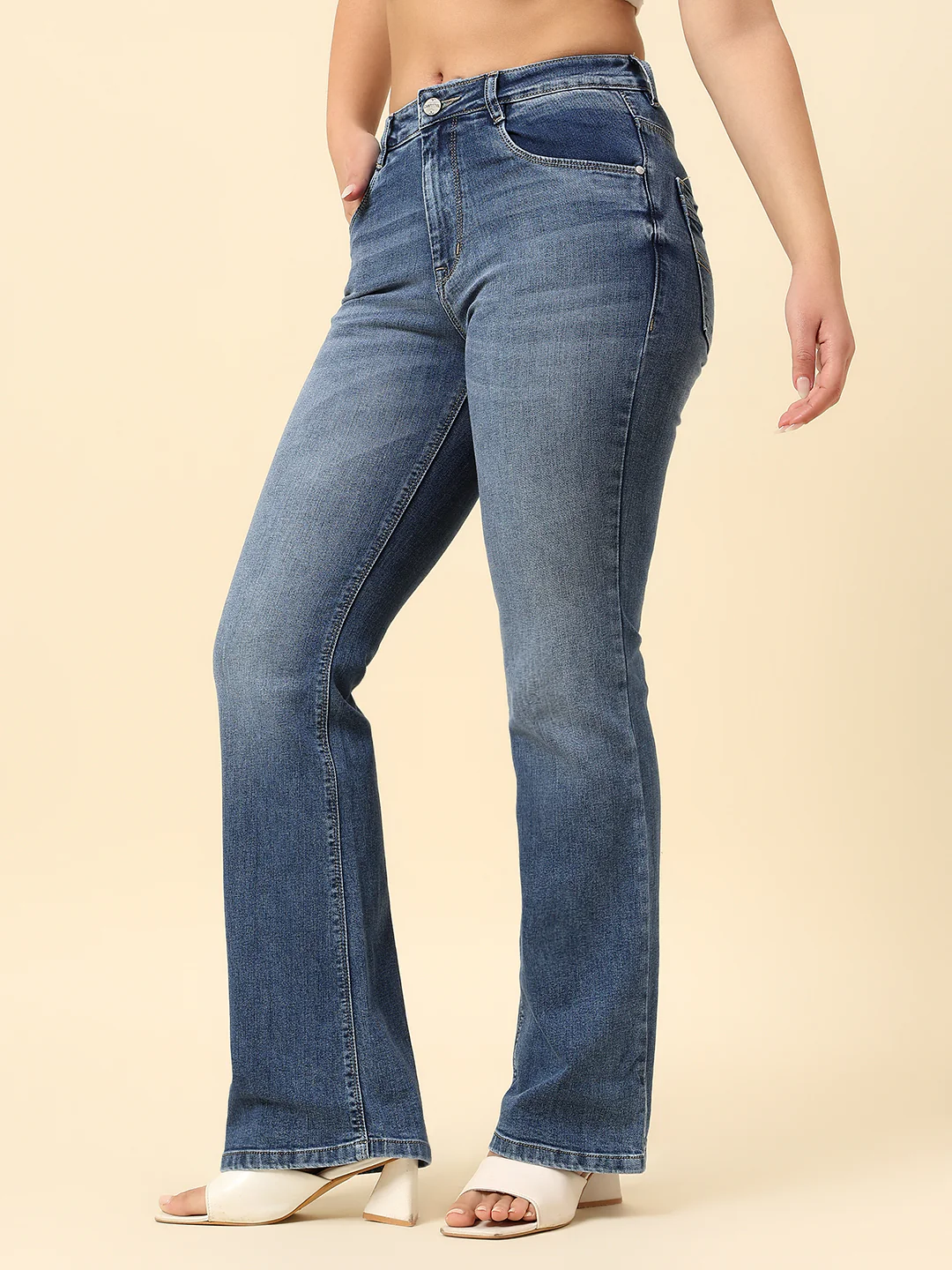 Denim Jeans for Women | Breathable & Soft with Color Fastness Boot Cut Cotton Blend Fabric Solid Pattern Button Closure - Image 3