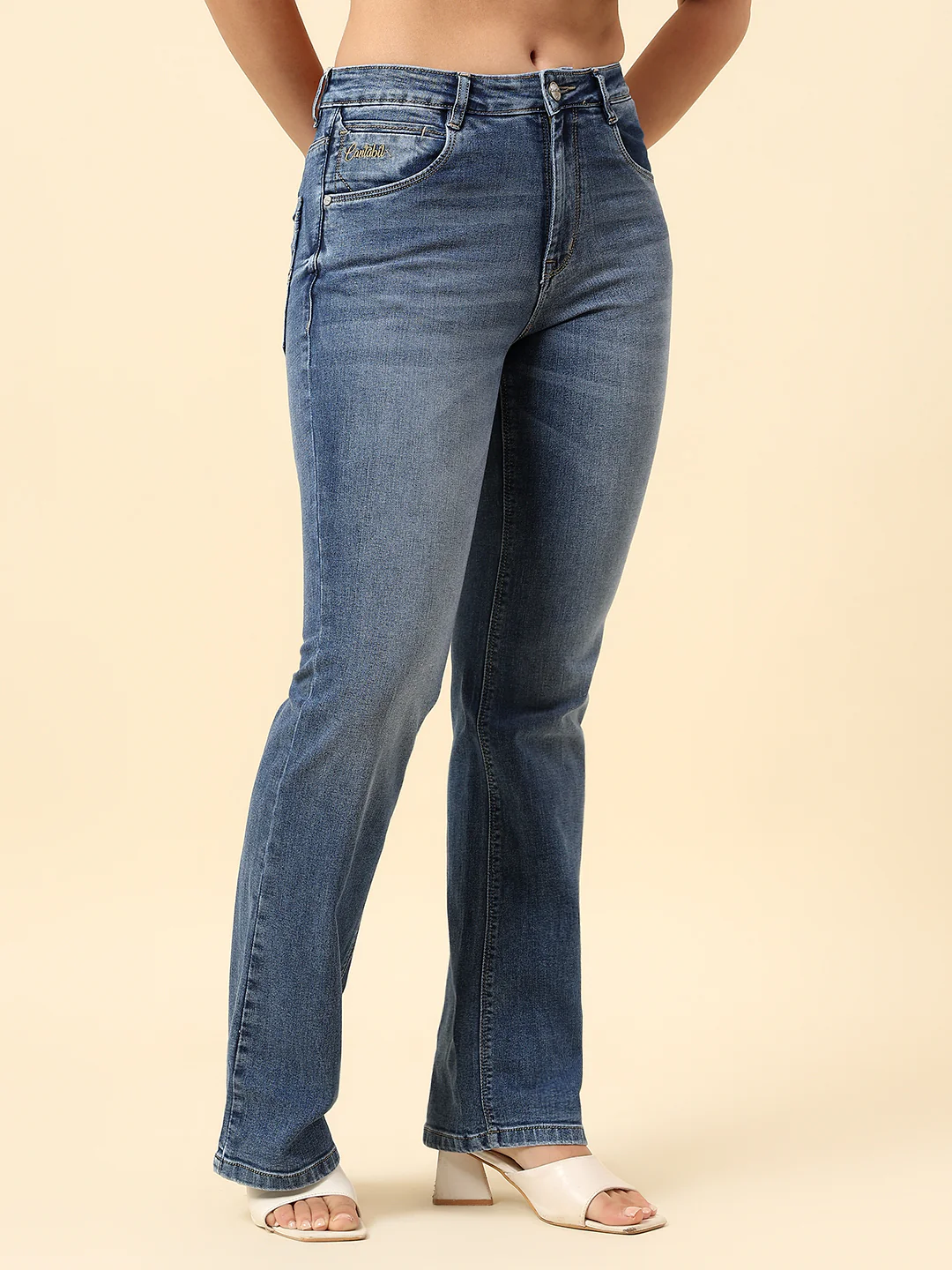 Denim Jeans for Women | Breathable & Soft with Color Fastness Boot Cut Cotton Blend Fabric Solid Pattern Button Closure - Image 4