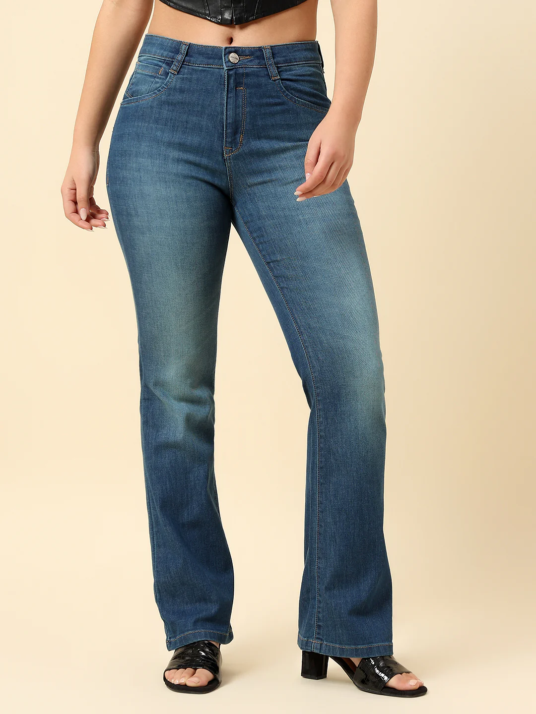 Denim Jeans for Women | Breathable & Soft with Color Fastness Boot Cut Cotton Blend Fabric Solid Pattern Button Closure - Image 2