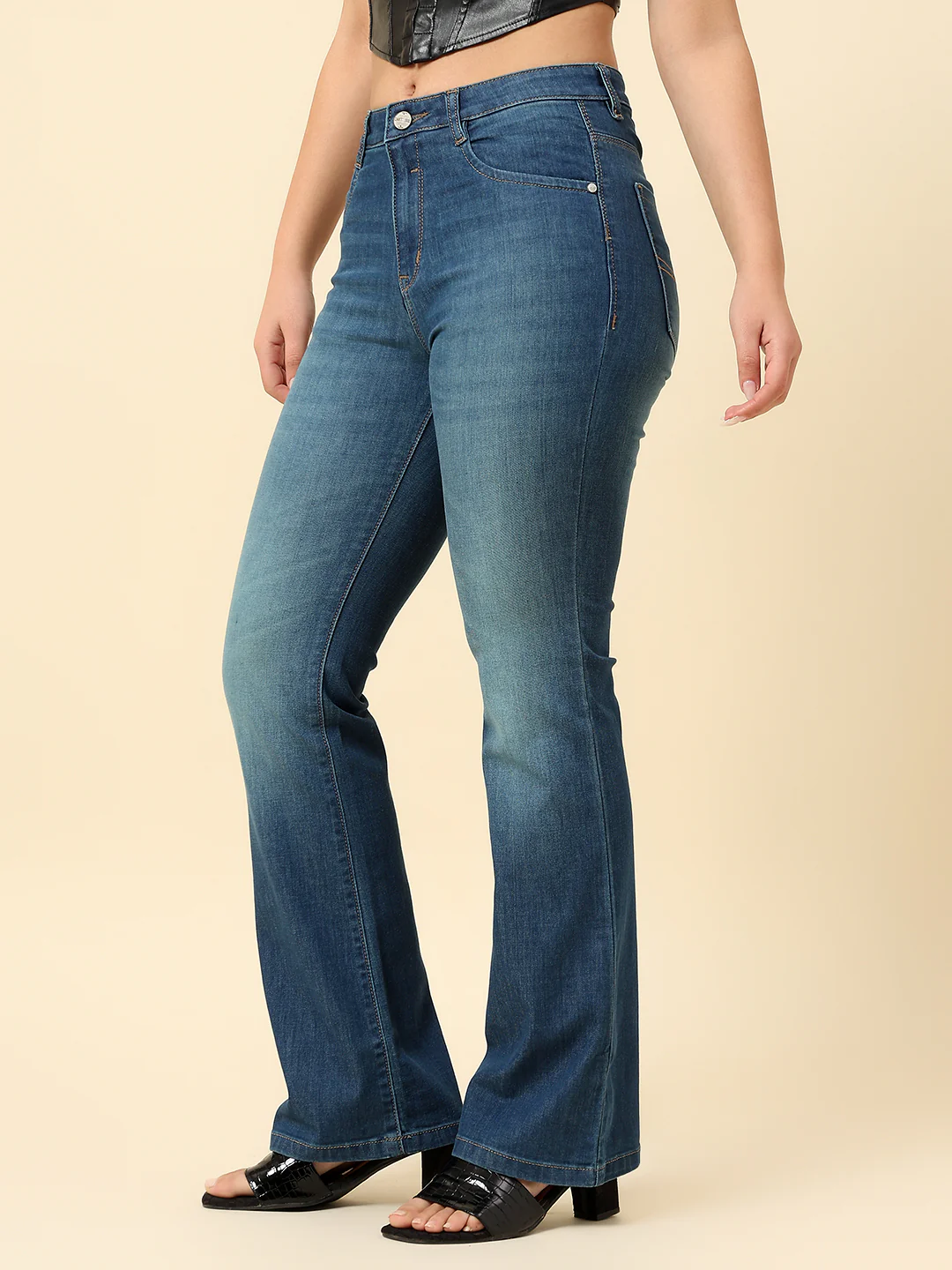 Denim Jeans for Women | Breathable & Soft with Color Fastness Boot Cut Cotton Blend Fabric Solid Pattern Button Closure - Image 3