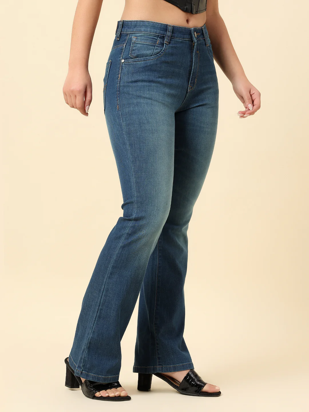 Denim Jeans for Women | Breathable & Soft with Color Fastness Boot Cut Cotton Blend Fabric Solid Pattern Button Closure - Image 4