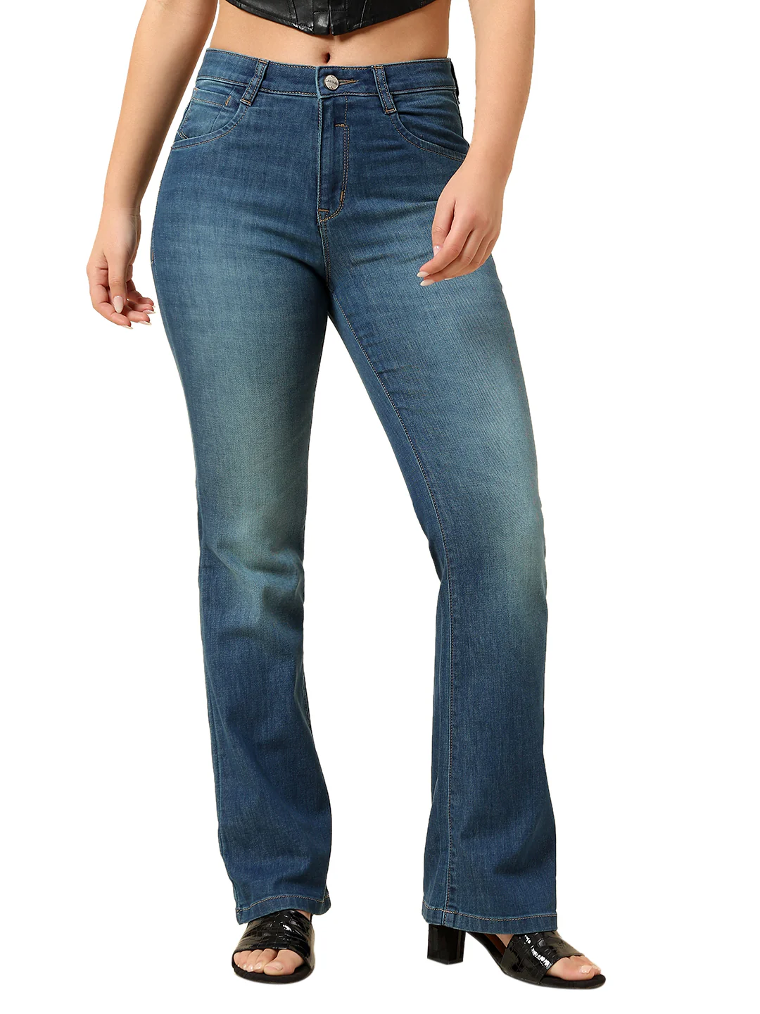 Denim Jeans for Women | Breathable & Soft with Color Fastness Boot Cut Cotton Blend Fabric Solid Pattern Button Closure - Image 8