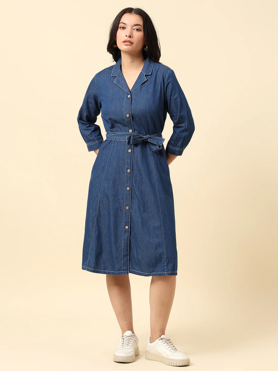 Dress for Women | Breathable & Soft with Color Fastness Regular Fit Notched Lapel Cotton Fabric Solid Pattern - Image 2