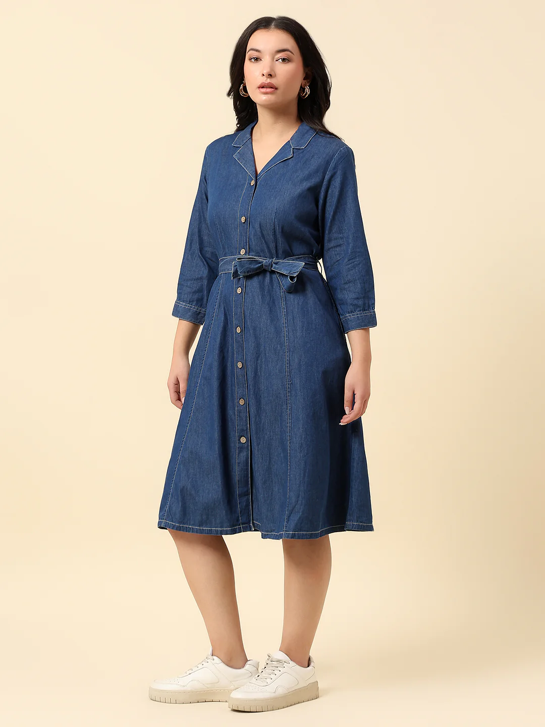 Dress for Women | Breathable & Soft with Color Fastness Regular Fit Notched Lapel Cotton Fabric Solid Pattern - Image 3