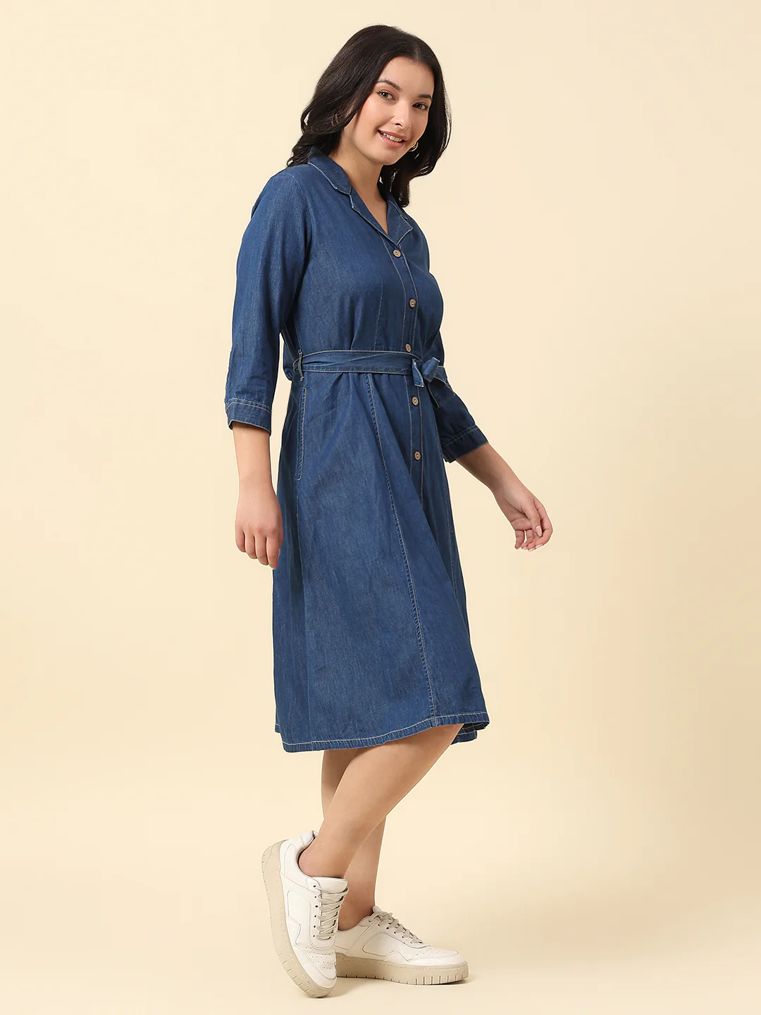 Dress for Women | Breathable & Soft with Color Fastness Regular Fit Notched Lapel Cotton Fabric Solid Pattern - Image 4