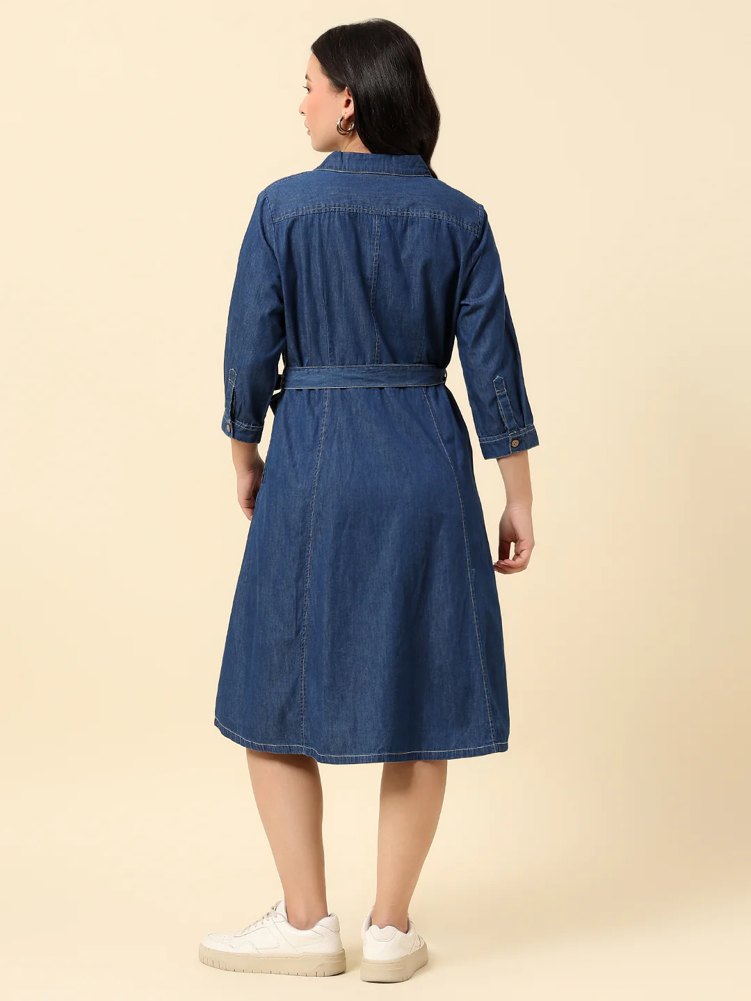 Dress for Women | Breathable & Soft with Color Fastness Regular Fit Notched Lapel Cotton Fabric Solid Pattern - Image 5