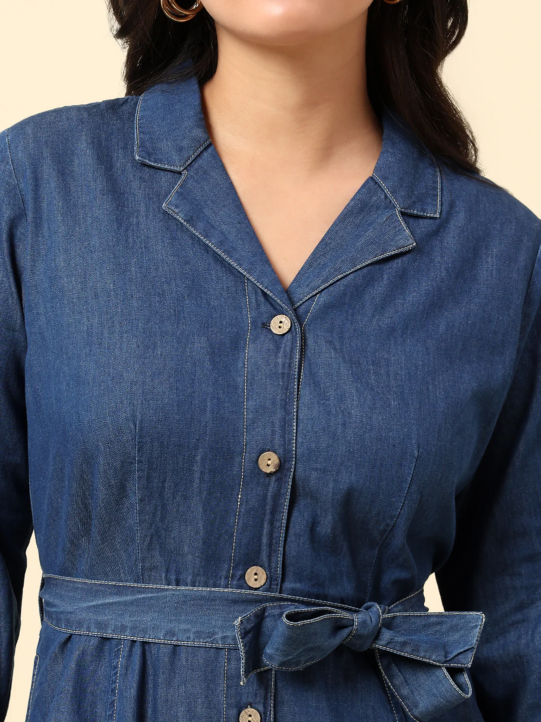 Dress for Women | Breathable & Soft with Color Fastness Regular Fit Notched Lapel Cotton Fabric Solid Pattern - Image 6