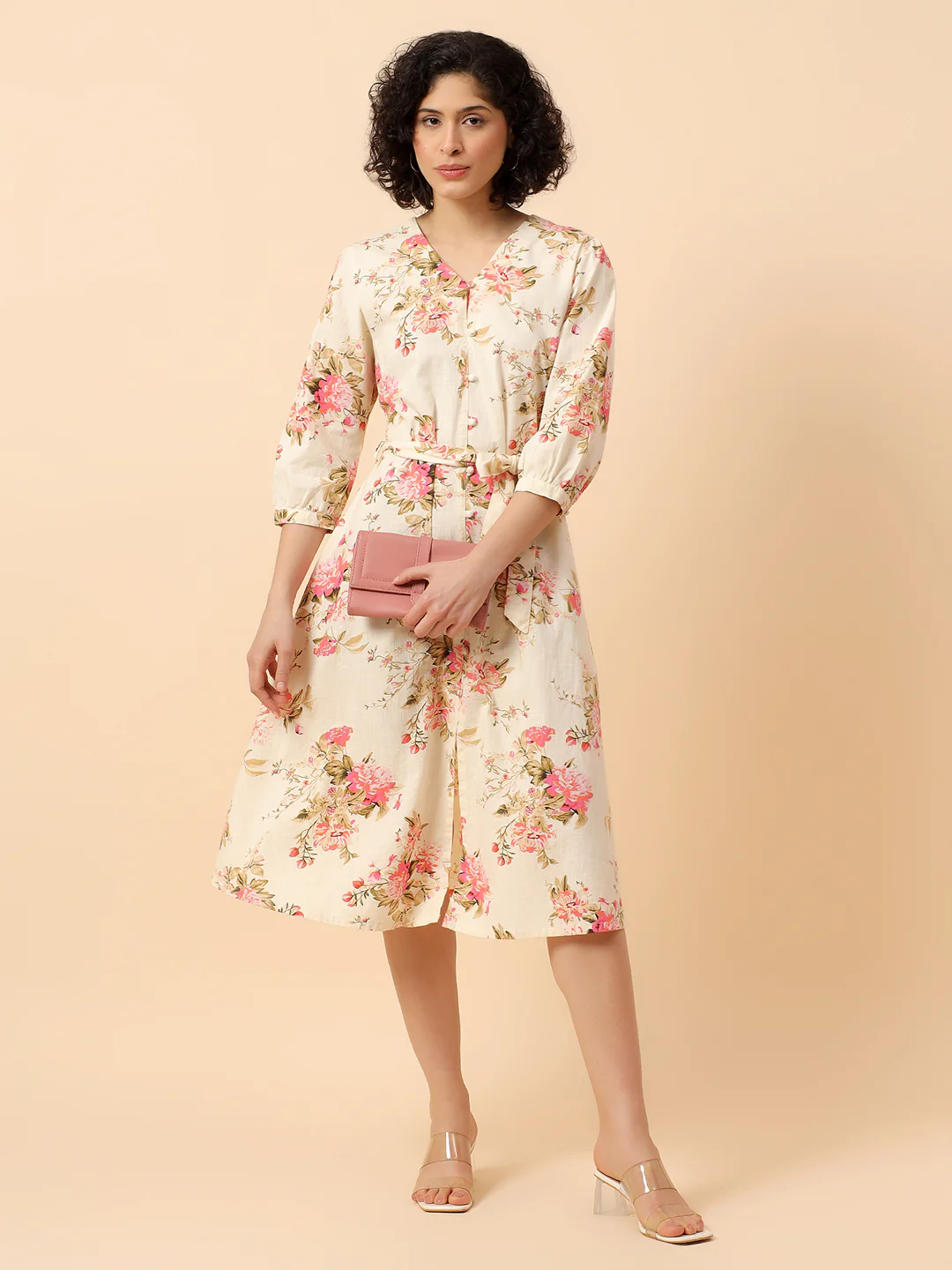 Flared Dress for Women | Breathable & Soft with Color Fastness Regular Fit Cotton Fabric Printed Pattern V-Neck Collar - Image 2