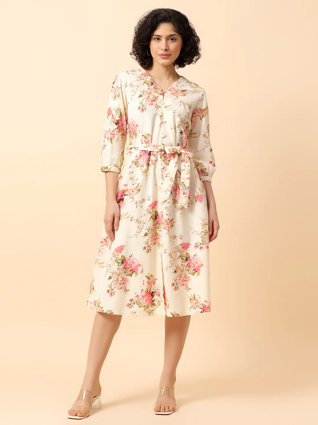 Flared Dress for Women | Breathable & Soft with Color Fastness Regular Fit Cotton Fabric Printed Pattern V-Neck Collar - Image 3