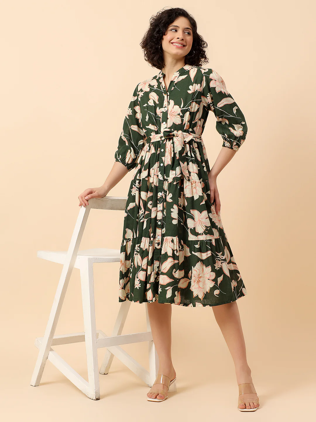 Flared Dress for Women | Breathable & Soft with Color Fastness Regular Fit Cotton Linen Fabric Printed Pattern Band Neck Collar - Image 2