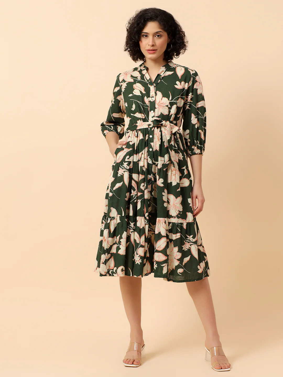 Flared Dress for Women | Breathable & Soft with Color Fastness Regular Fit Cotton Linen Fabric Printed Pattern Band Neck Collar - Image 3