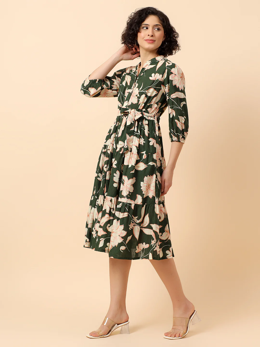 Flared Dress for Women | Breathable & Soft with Color Fastness Regular Fit Cotton Linen Fabric Printed Pattern Band Neck Collar - Image 4