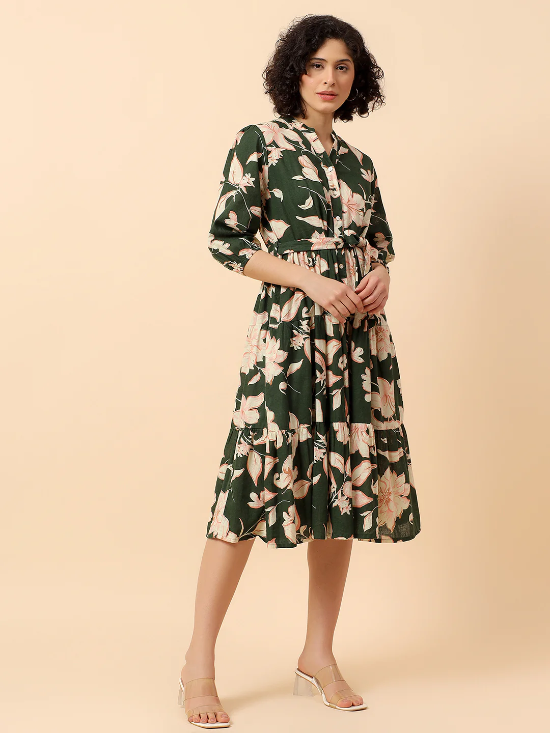 Flared Dress for Women | Breathable & Soft with Color Fastness Regular Fit Cotton Linen Fabric Printed Pattern Band Neck Collar - Image 5