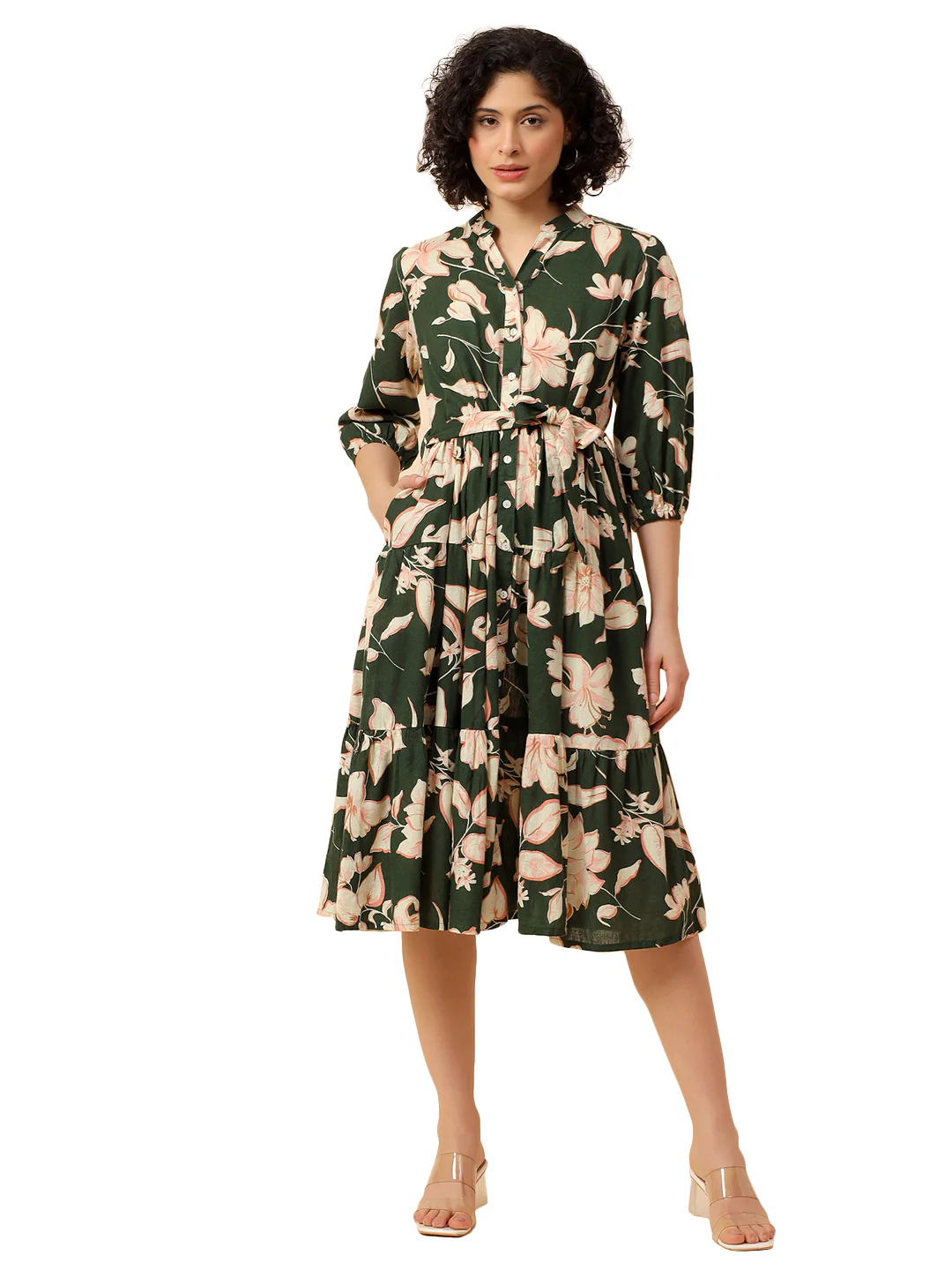 Flared Dress for Women | Breathable & Soft with Color Fastness Regular Fit Cotton Linen Fabric Printed Pattern Band Neck Collar - Image 8
