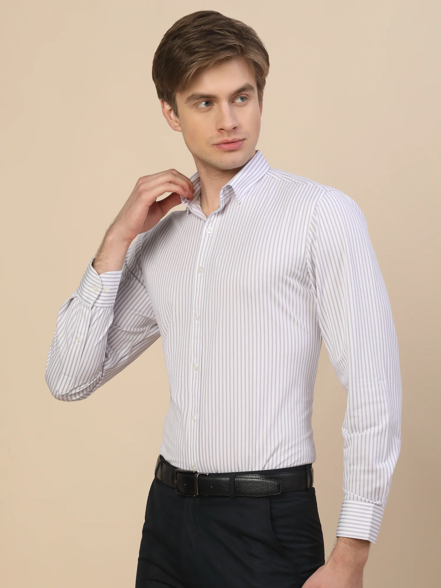 Formal Shirt for Men | Breathable & Soft with Color Fastness Regular Fit Spread Collar Neck Cotton Blend Fabric Striped Pattern - Image 3