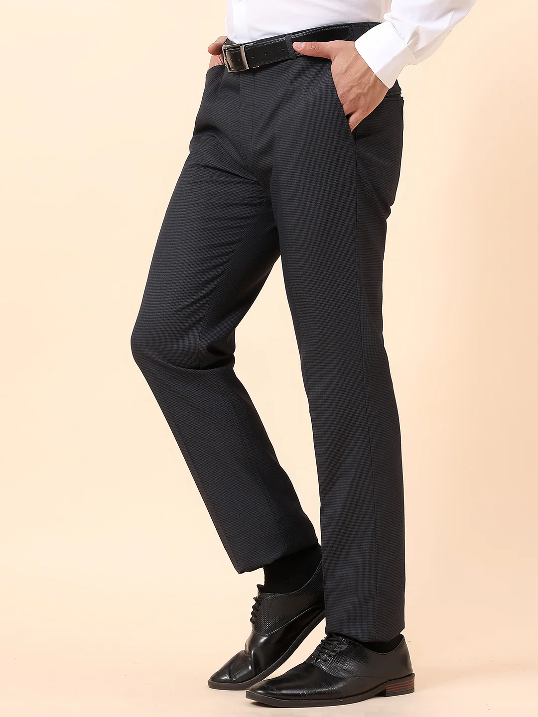Formal Trouser for Men | Breathable & Soft with Color Fastness Regular Fit Poly Viscose Fabric Self Design Pattern Hook & Bar Closure - Image 4