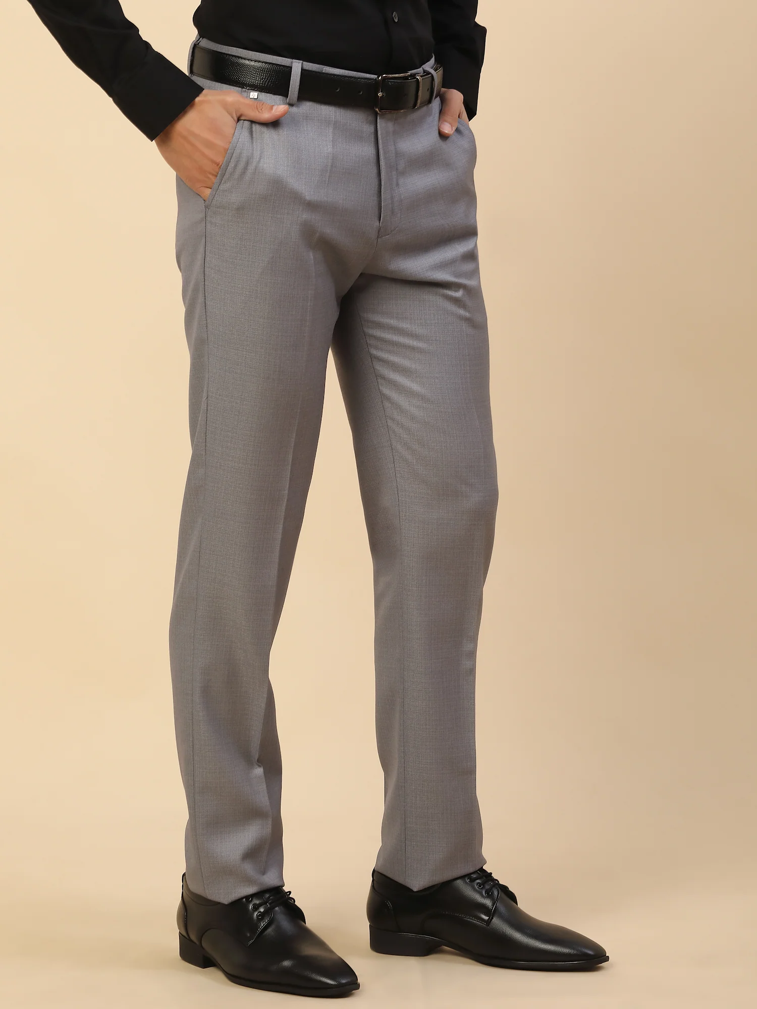 Formal Trouser for Men | Breathable & Soft with Color Fastness Regular Fit Polycotton Fabric Self Design Pattern Hook & Bar Closure - Image 4