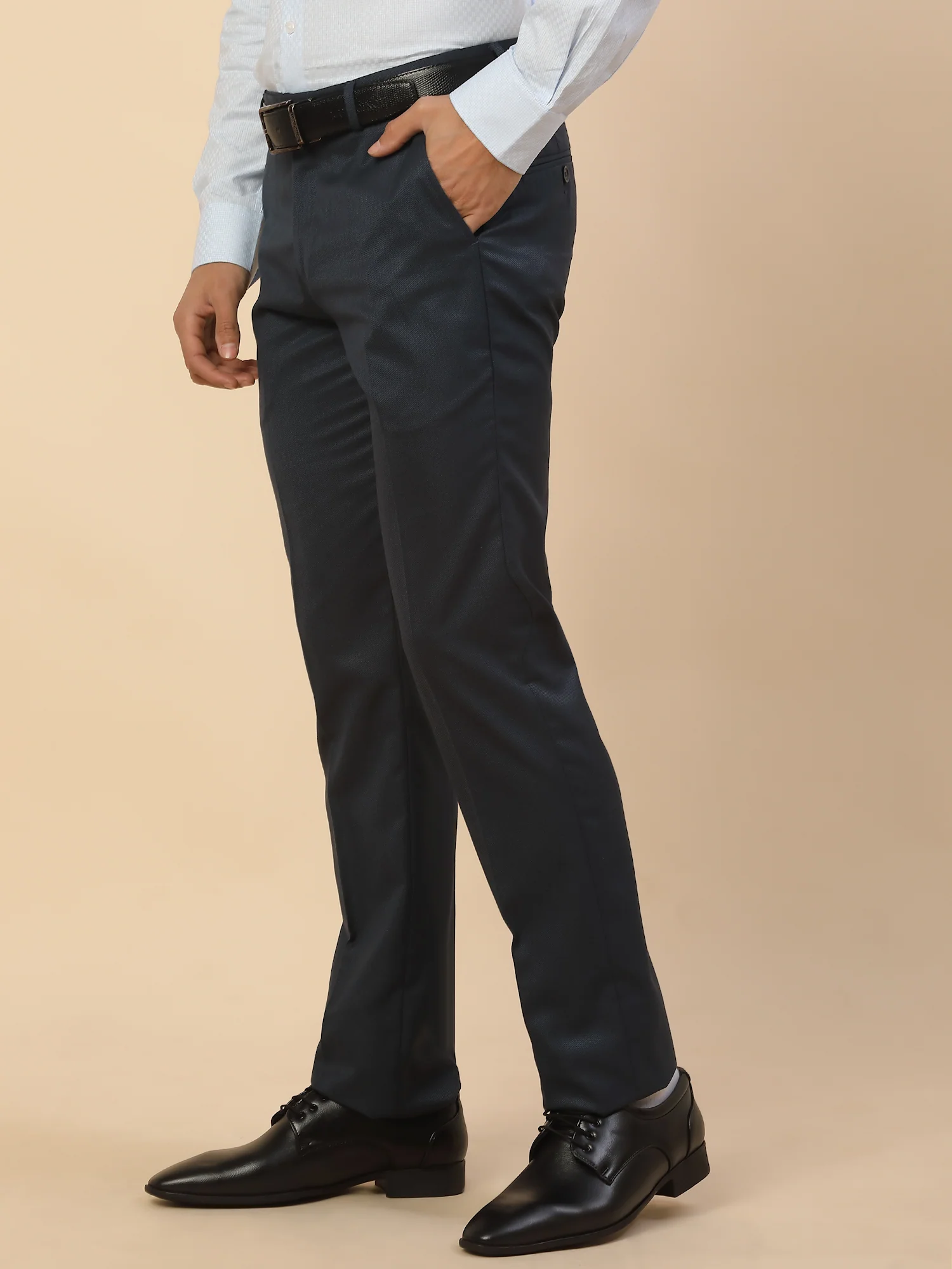 Formal Trouser for Men | Breathable & Soft with Color Fastness Regular Fit Polycotton Fabric Self Design Pattern Hook & Bar Closure - Image 4
