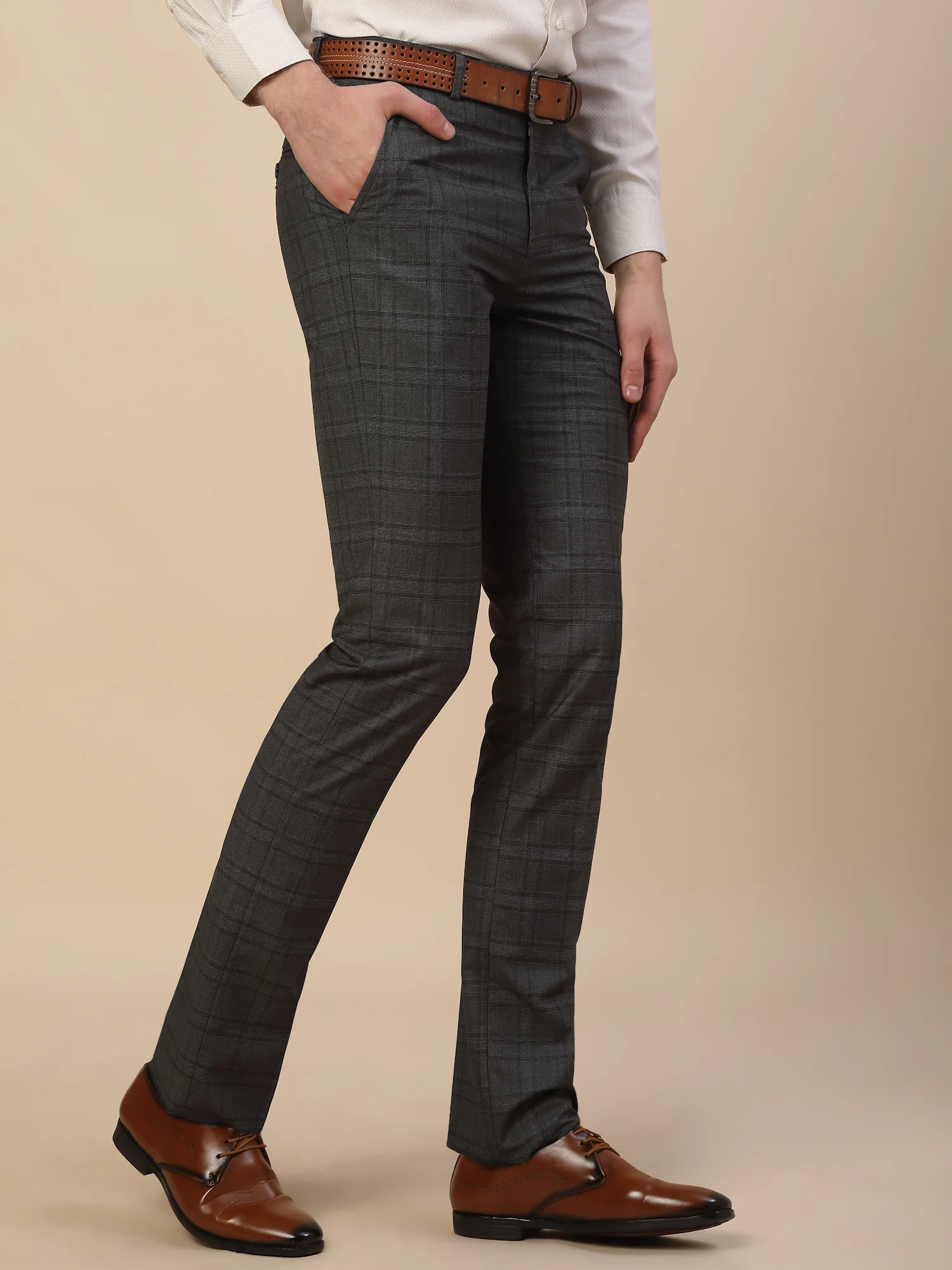 Formal Trouser for Men | Breathable & Soft with Color Fastness Regular Fit Terry Rayon Fabric Checkered Pattern Hook & Bar Closure - Image 3