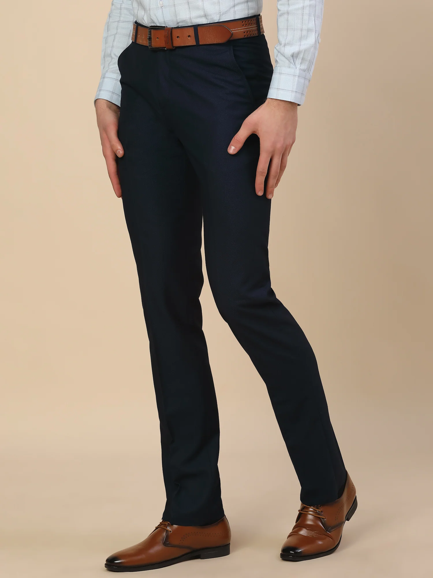 Formal Trouser for Men | Breathable & Soft with Color Fastness Regular Fit Terry Rayon Fabric Self Design Pattern Button Closure - Image 3