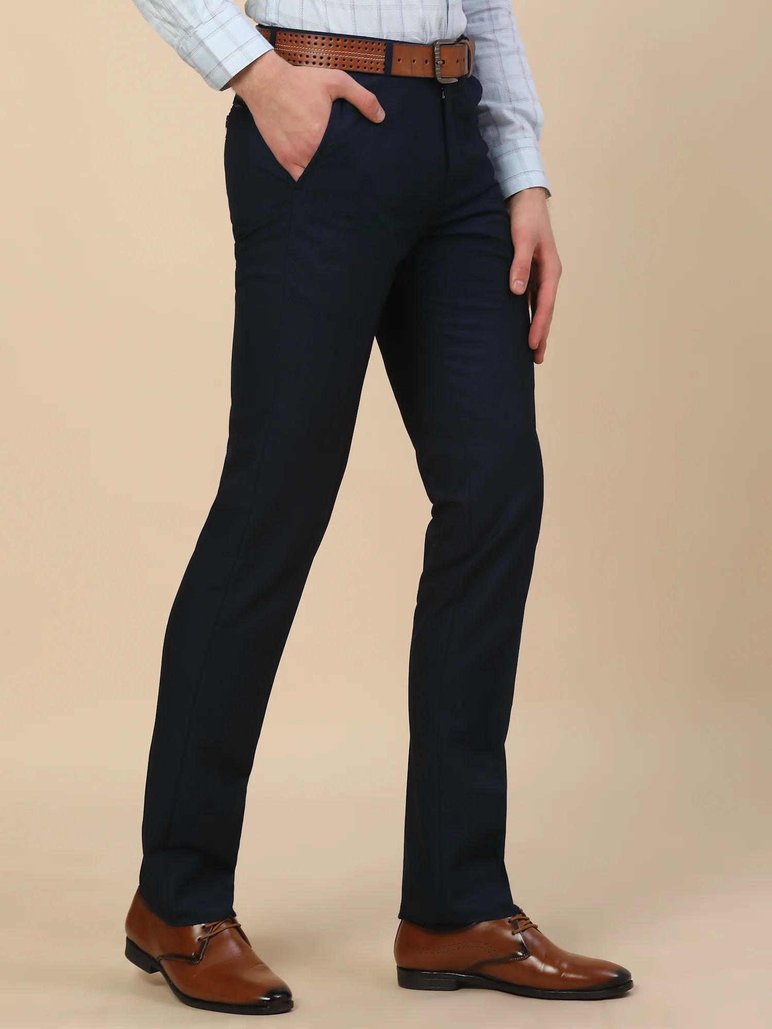 Formal Trouser for Men | Breathable & Soft with Color Fastness Regular Fit Terry Rayon Fabric Self Design Pattern Button Closure - Image 5