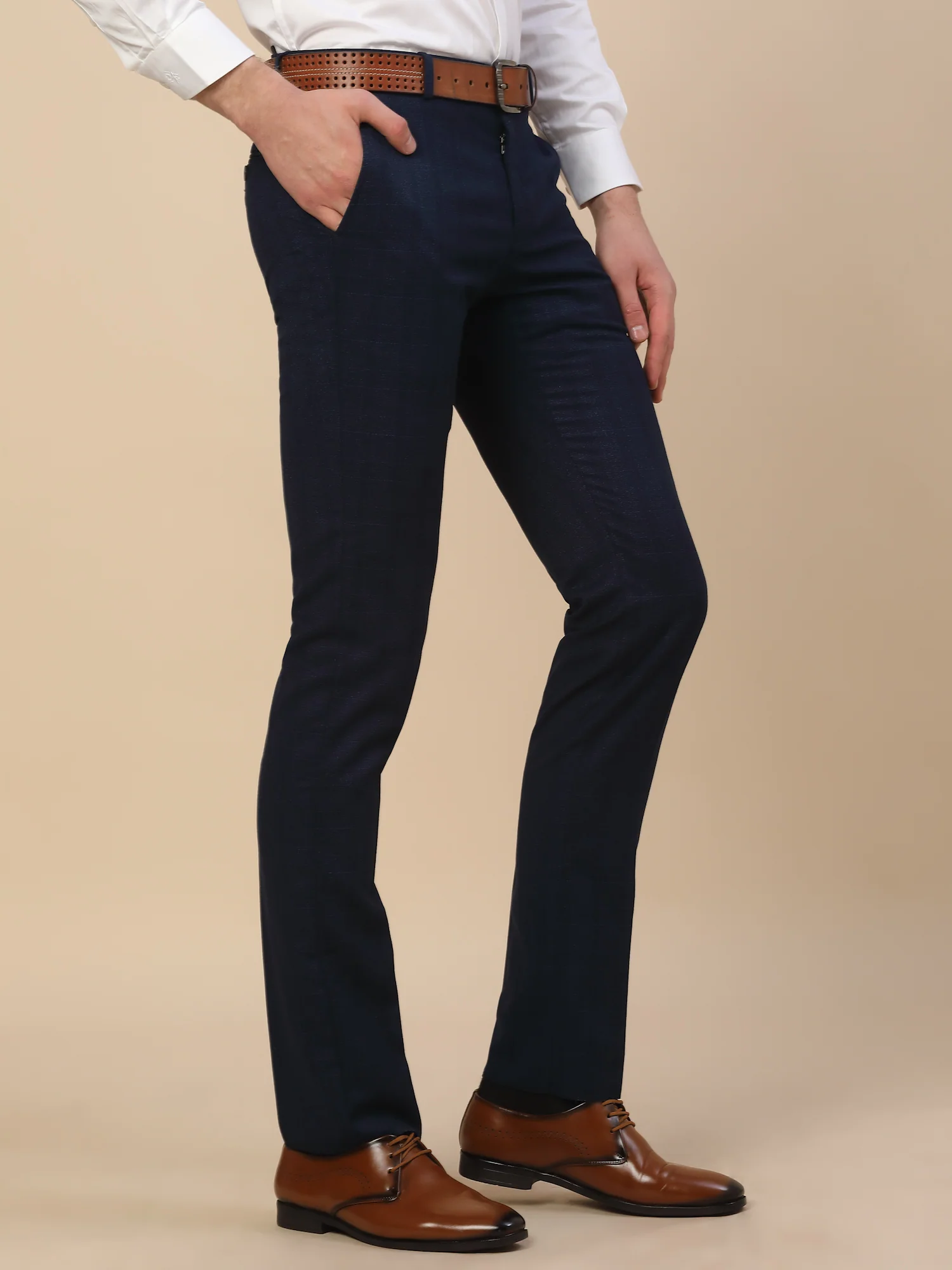 Formal Trouser for Men | Breathable & Soft with Color Fastness Regular Fit Terry Rayon Fabric Self Design Pattern Button Closure - Image 5