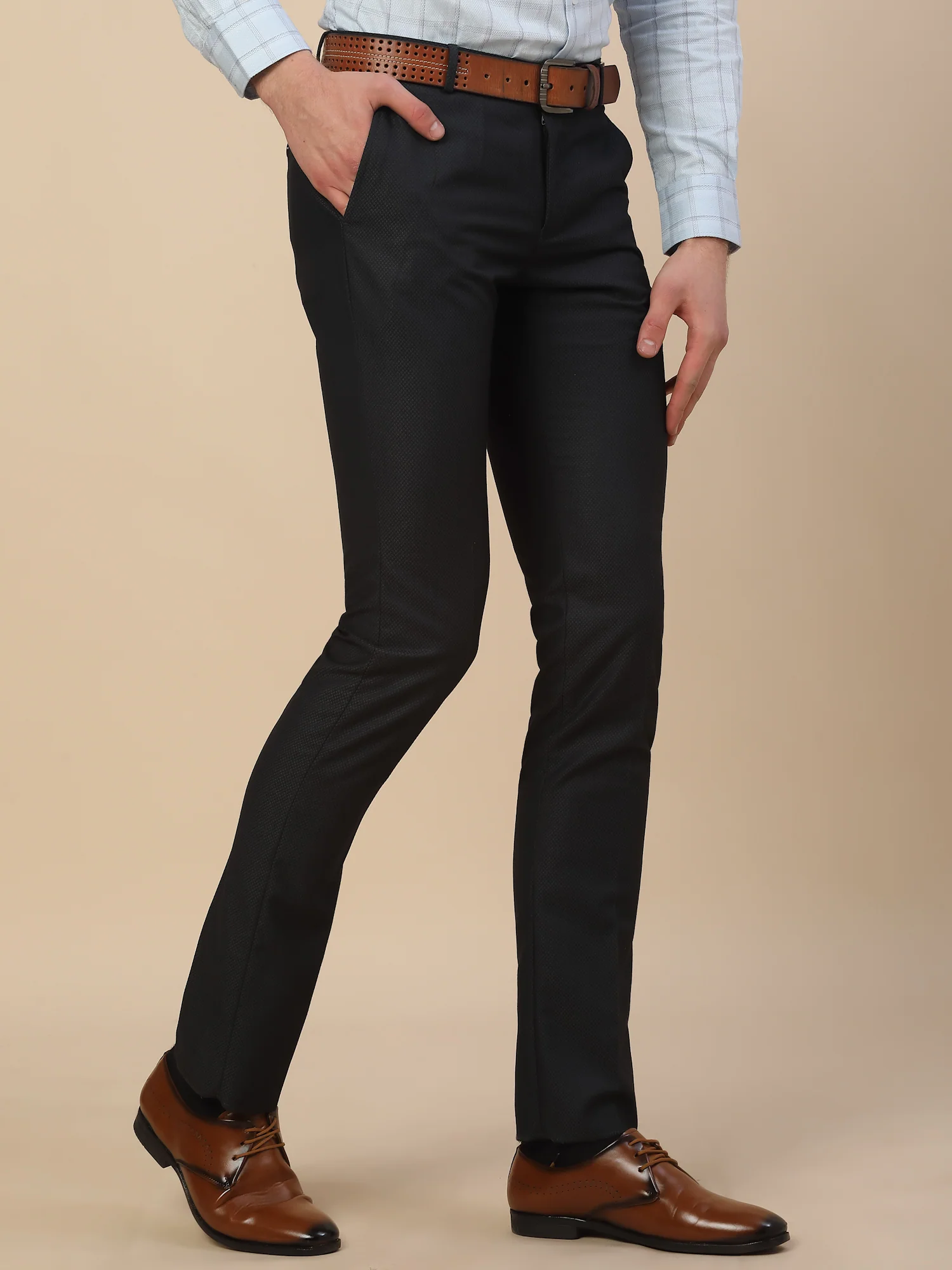 Formal Trouser for Men | Breathable & Soft with Color Fastness Regular Fit Terry Rayon Fabric Self Design Pattern Button Closure - Image 5